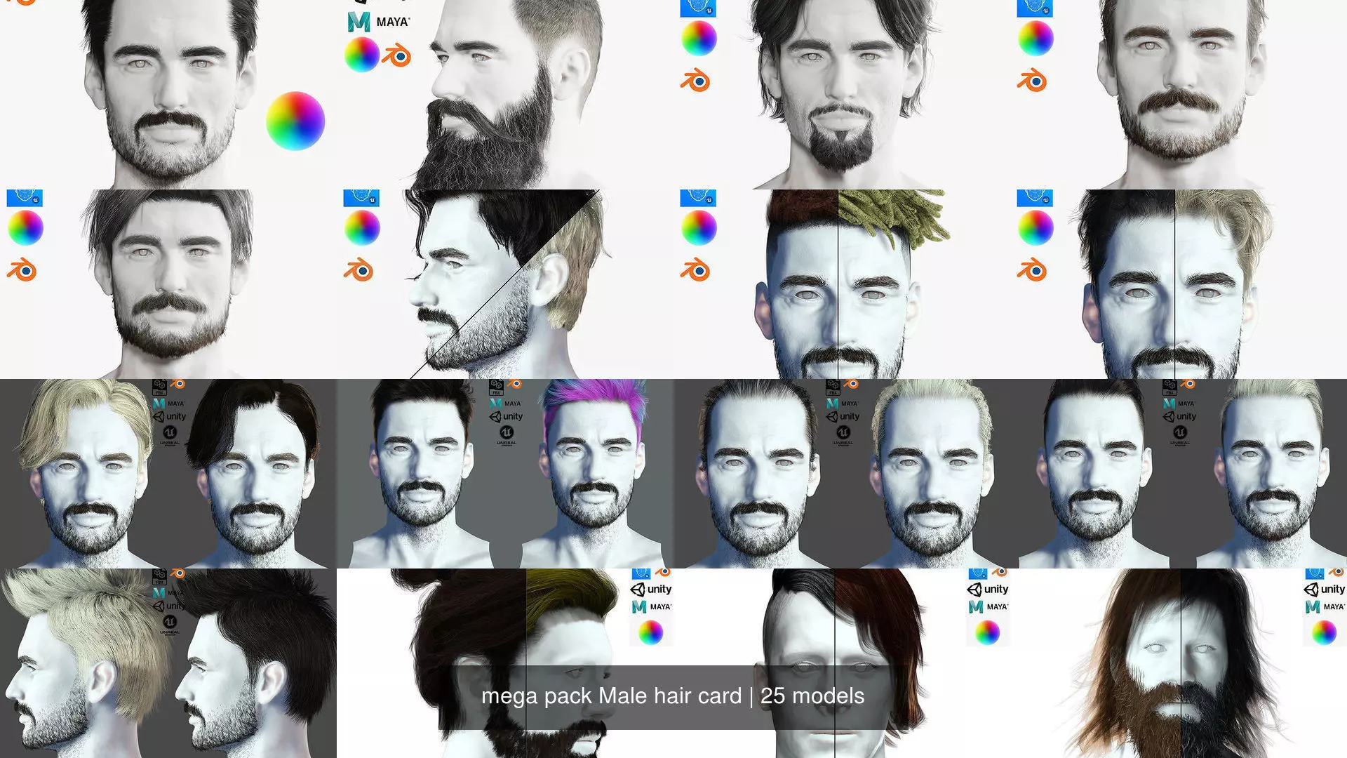  mega pack Male hair card 3D Model Collection_8