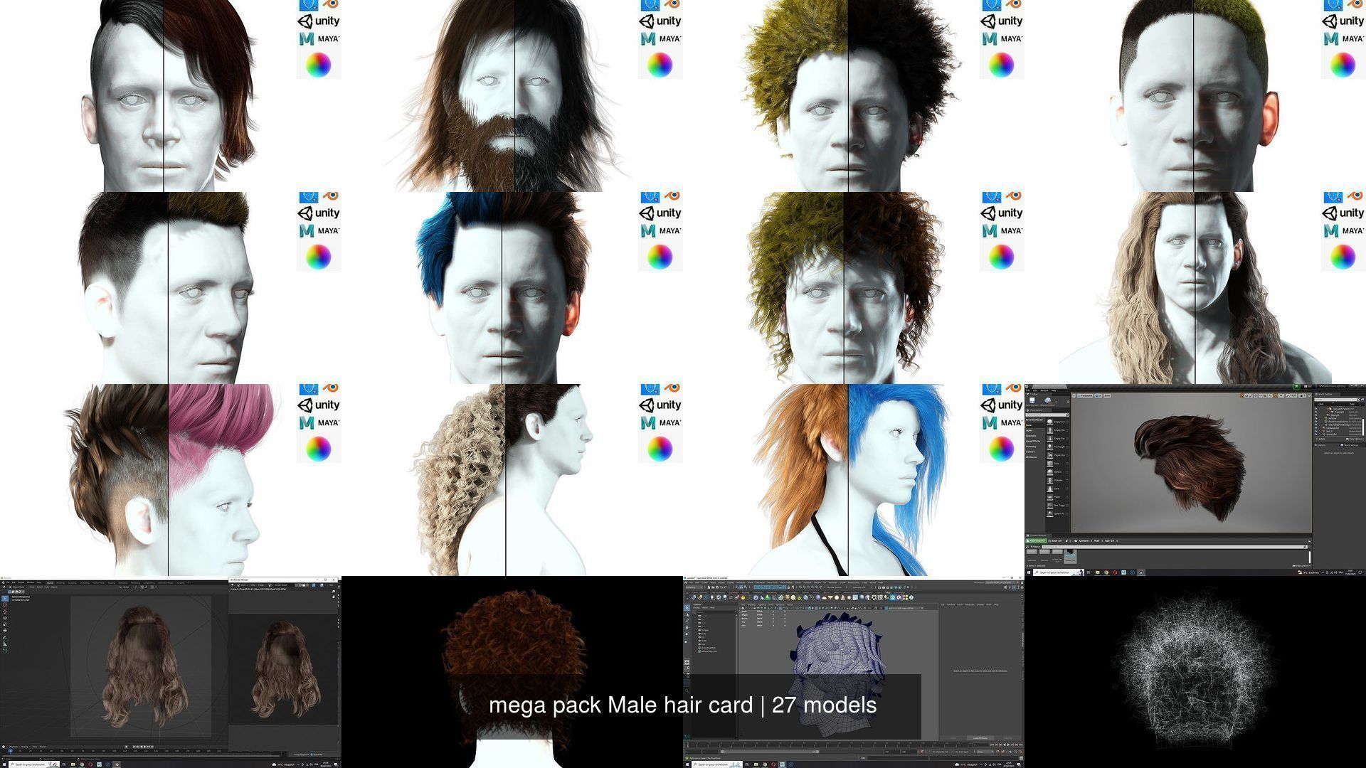  mega pack Male hair card 3D Model Collection_9