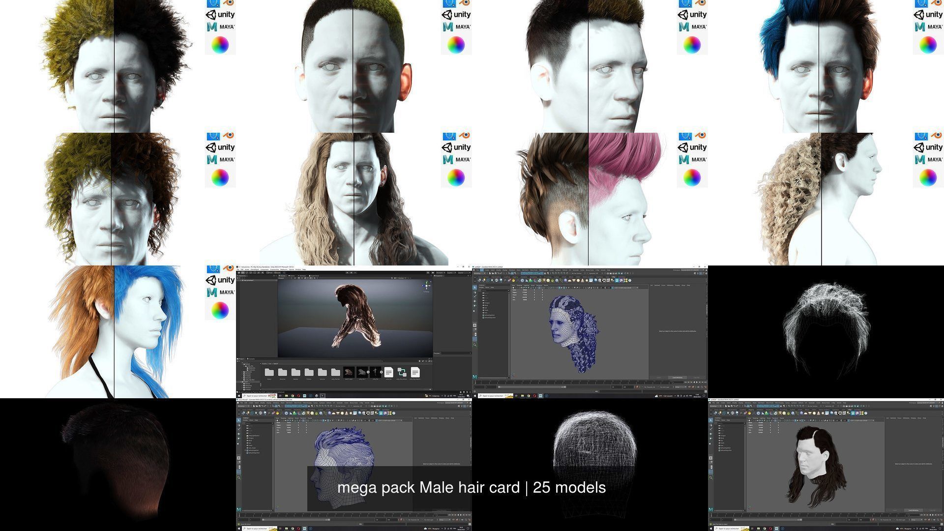  mega pack Male hair card 3D Model Collection_11