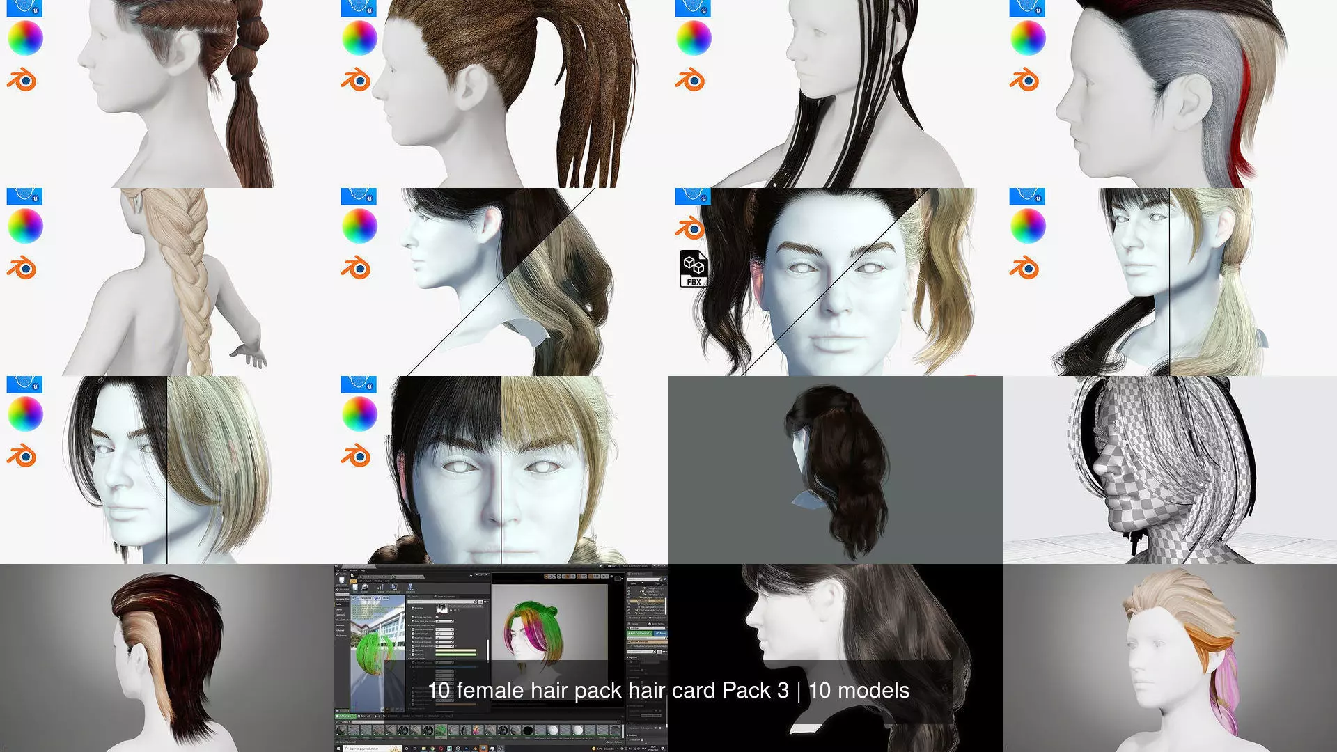 10 female hair pack hair card Pack 3 3D Model Collection_0