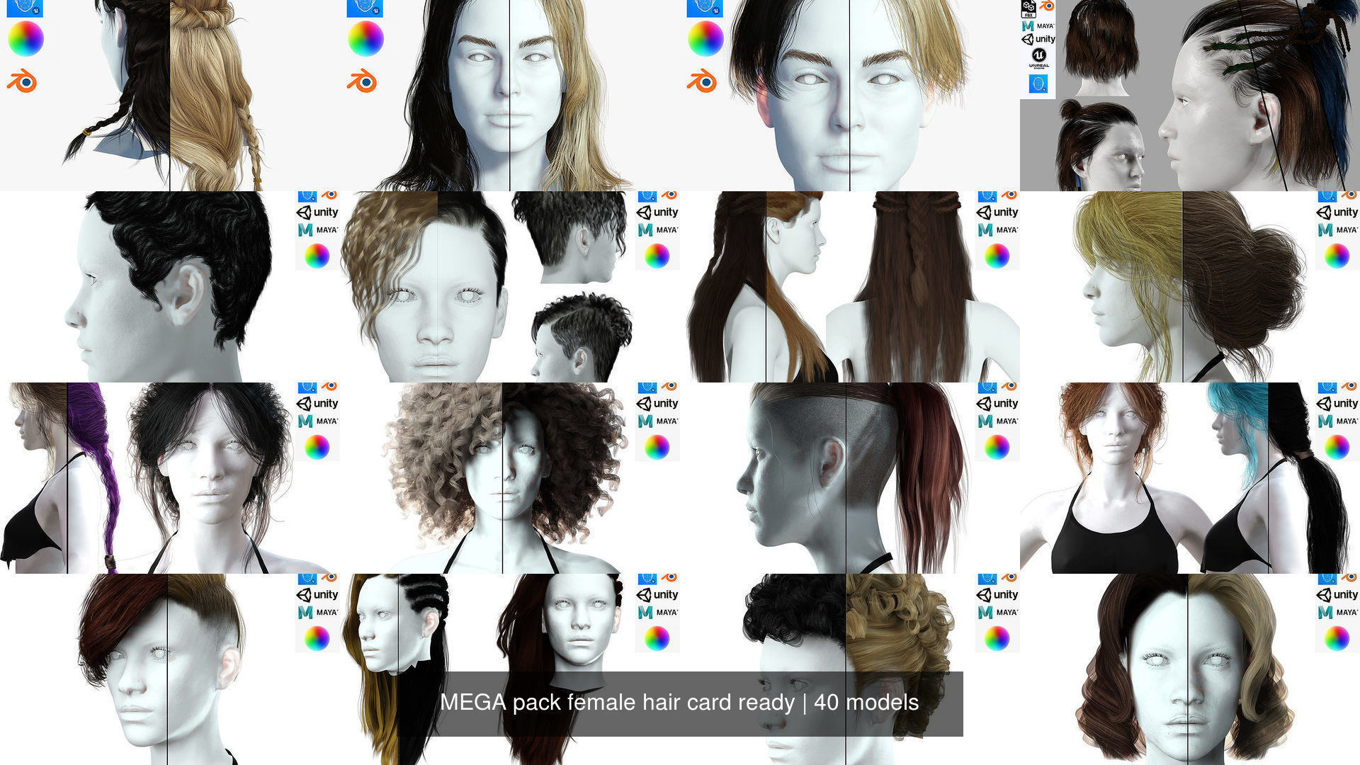 MEGA pack female hair card ready 3D Model Collection_2