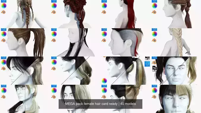 MEGA pack female hair card ready 3D Model Collection