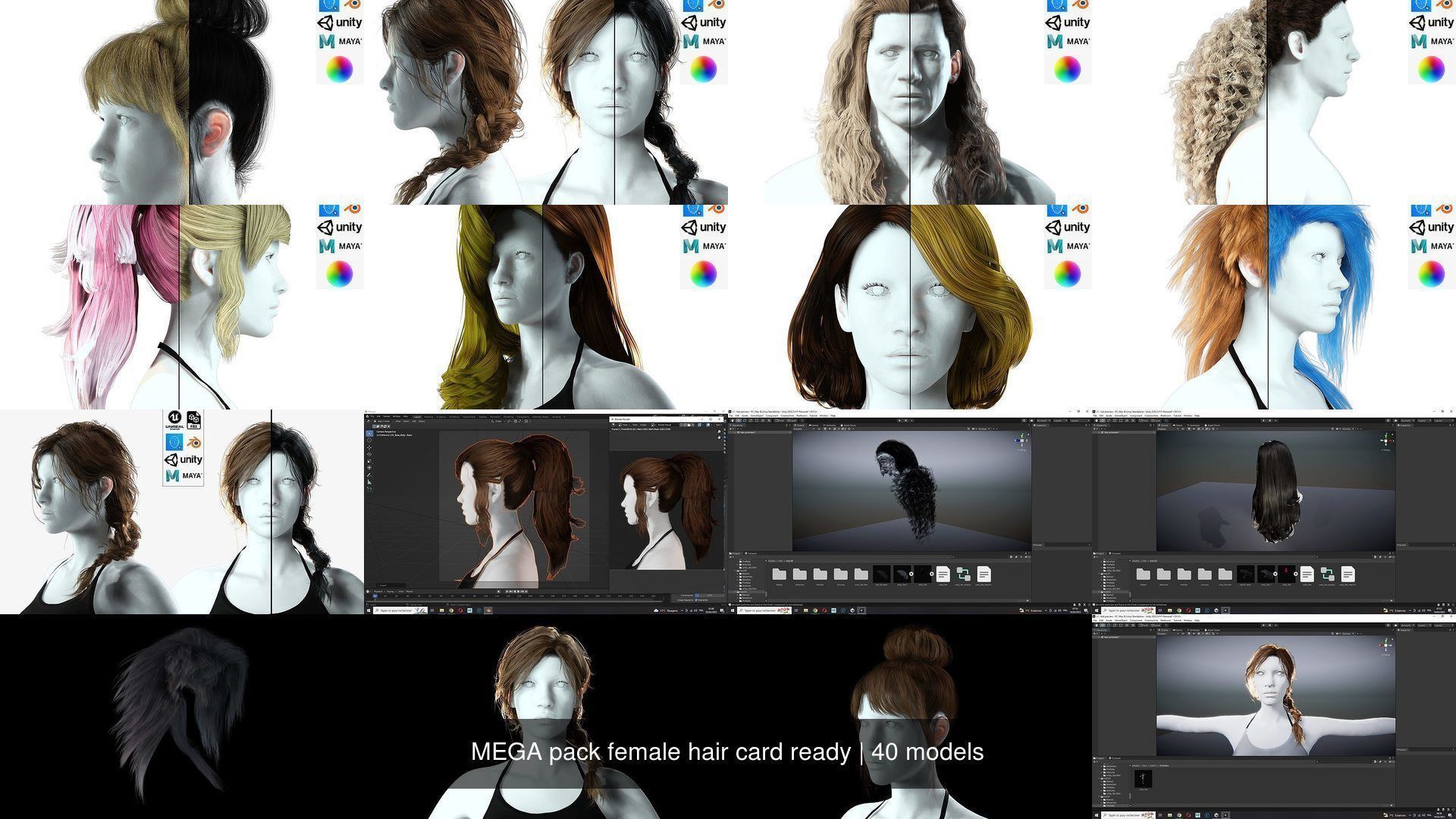 MEGA pack female hair card ready 3D Model Collection_4
