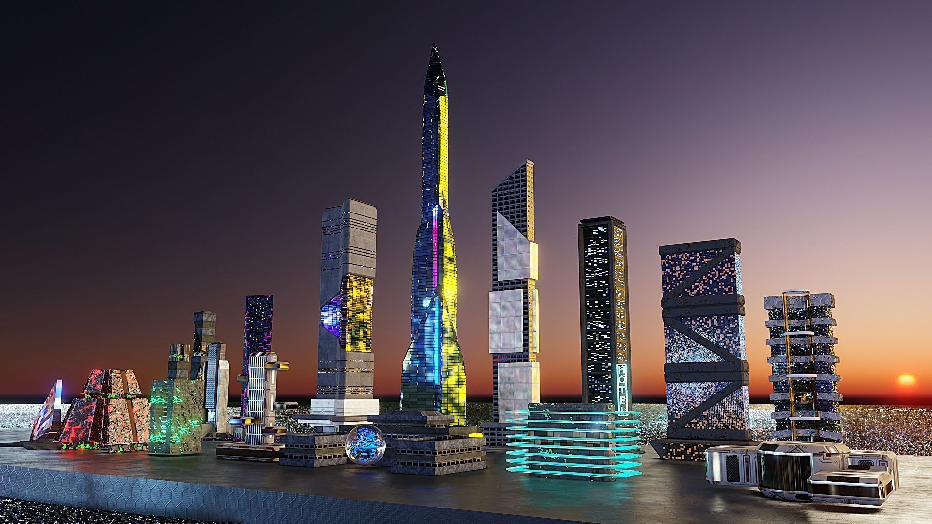 pack of 17 CyberPunk buildings Low-poly 3D model_6