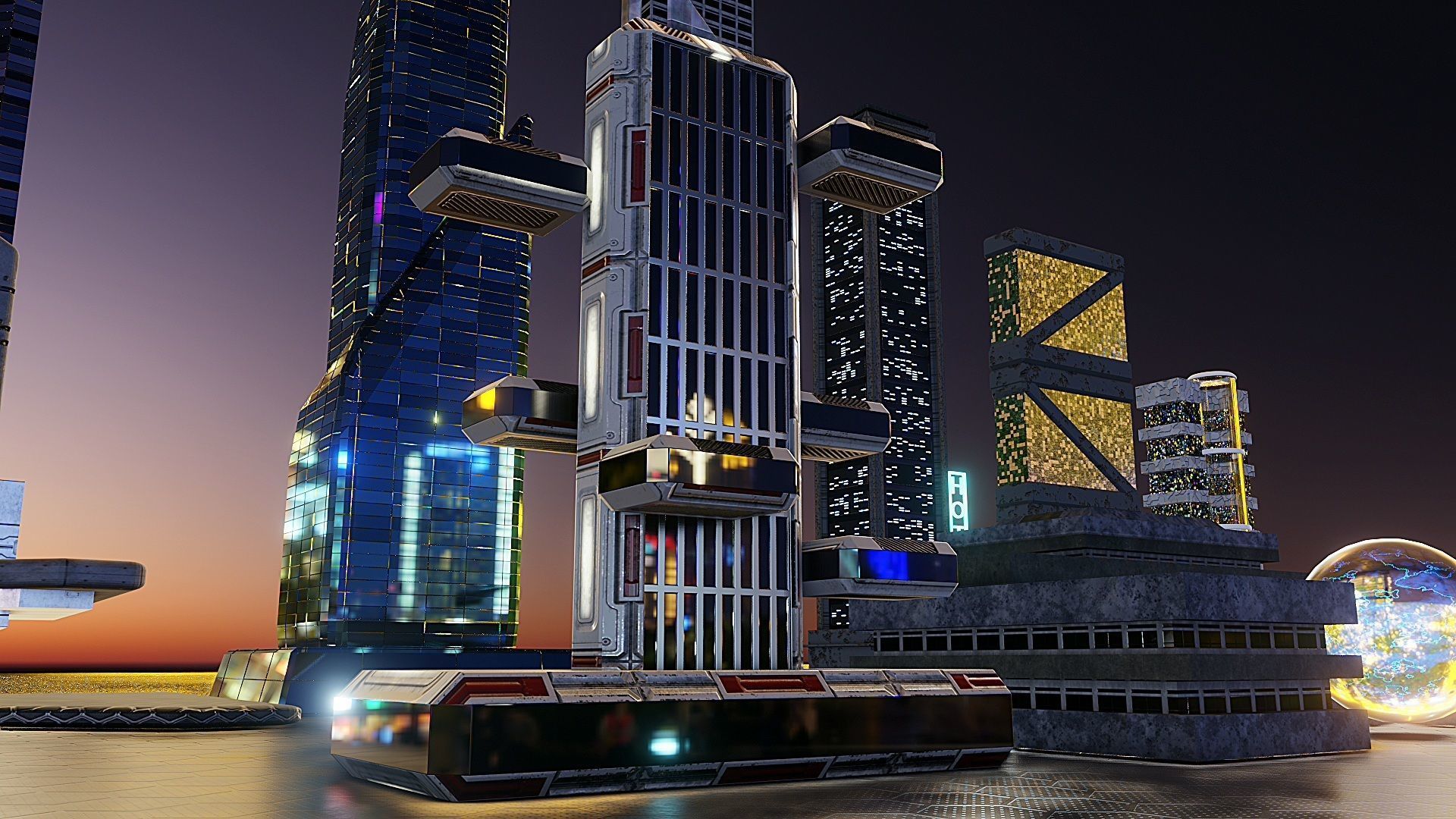 pack of 17 CyberPunk buildings Low-poly 3D model_7