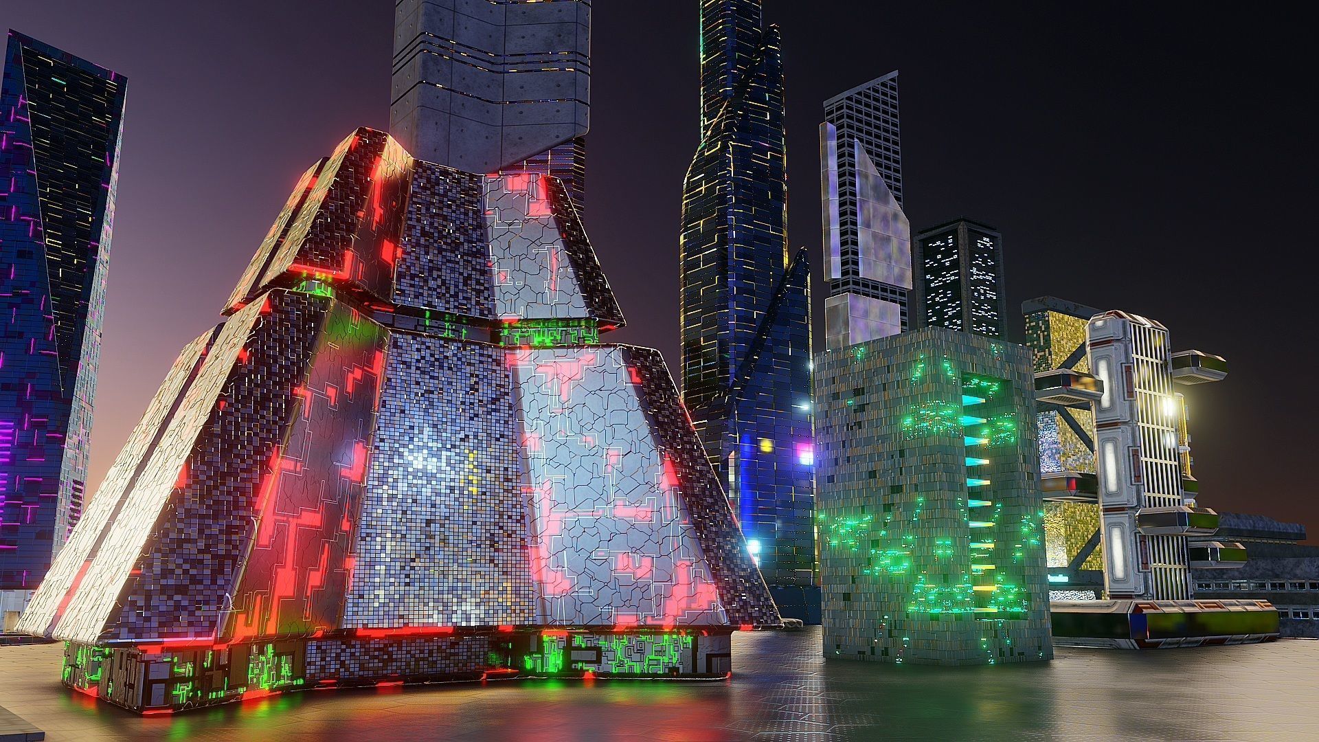 pack of 17 CyberPunk buildings Low-poly 3D model_5