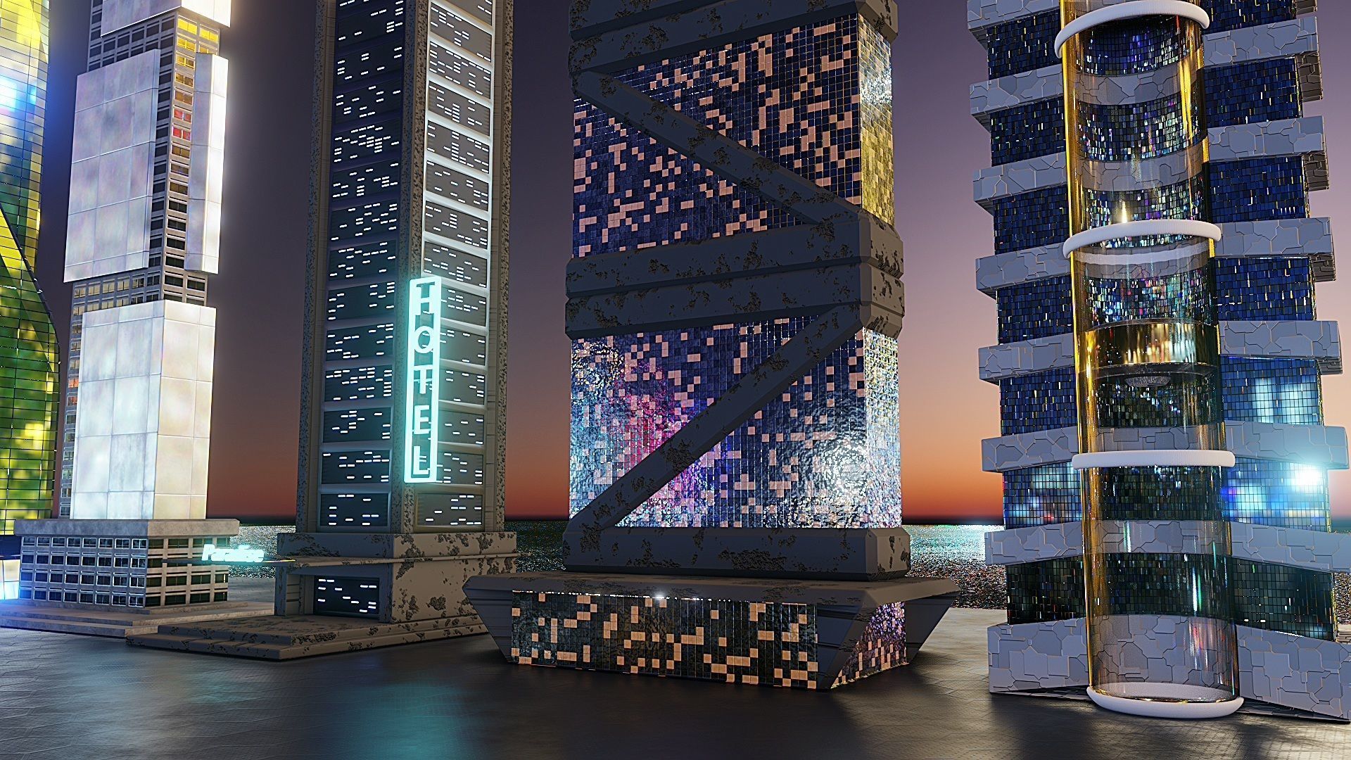 pack of 17 CyberPunk buildings Low-poly 3D model_23