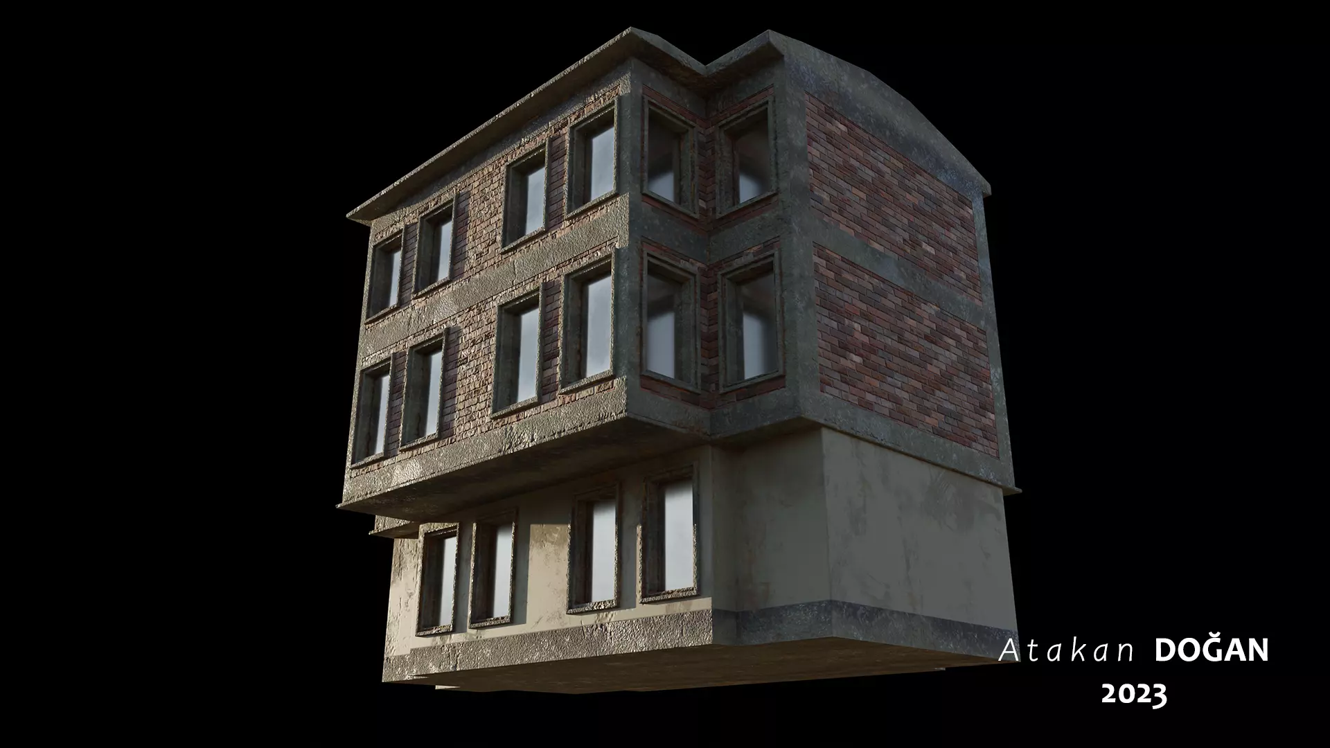 Old Brick Building Low-poly 3D model_0
