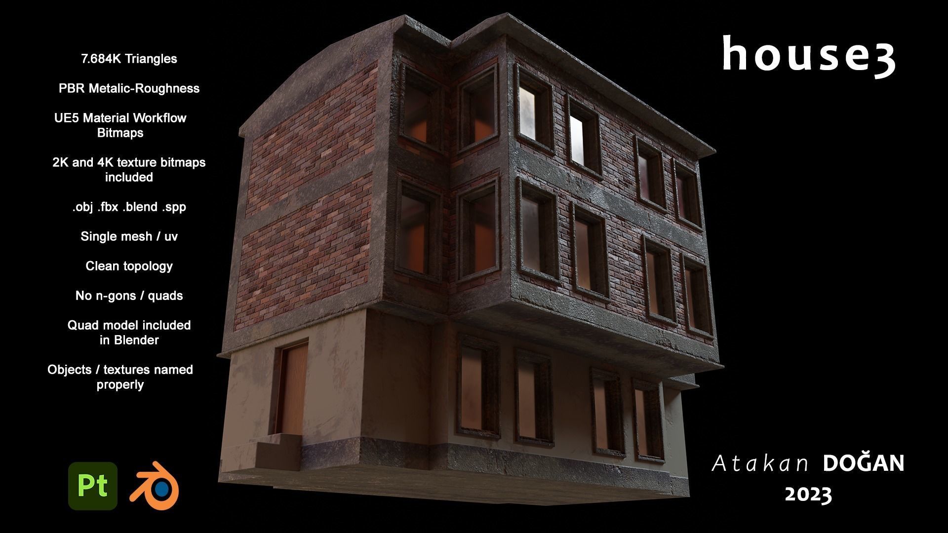 Old Brick Building Low-poly 3D model_12