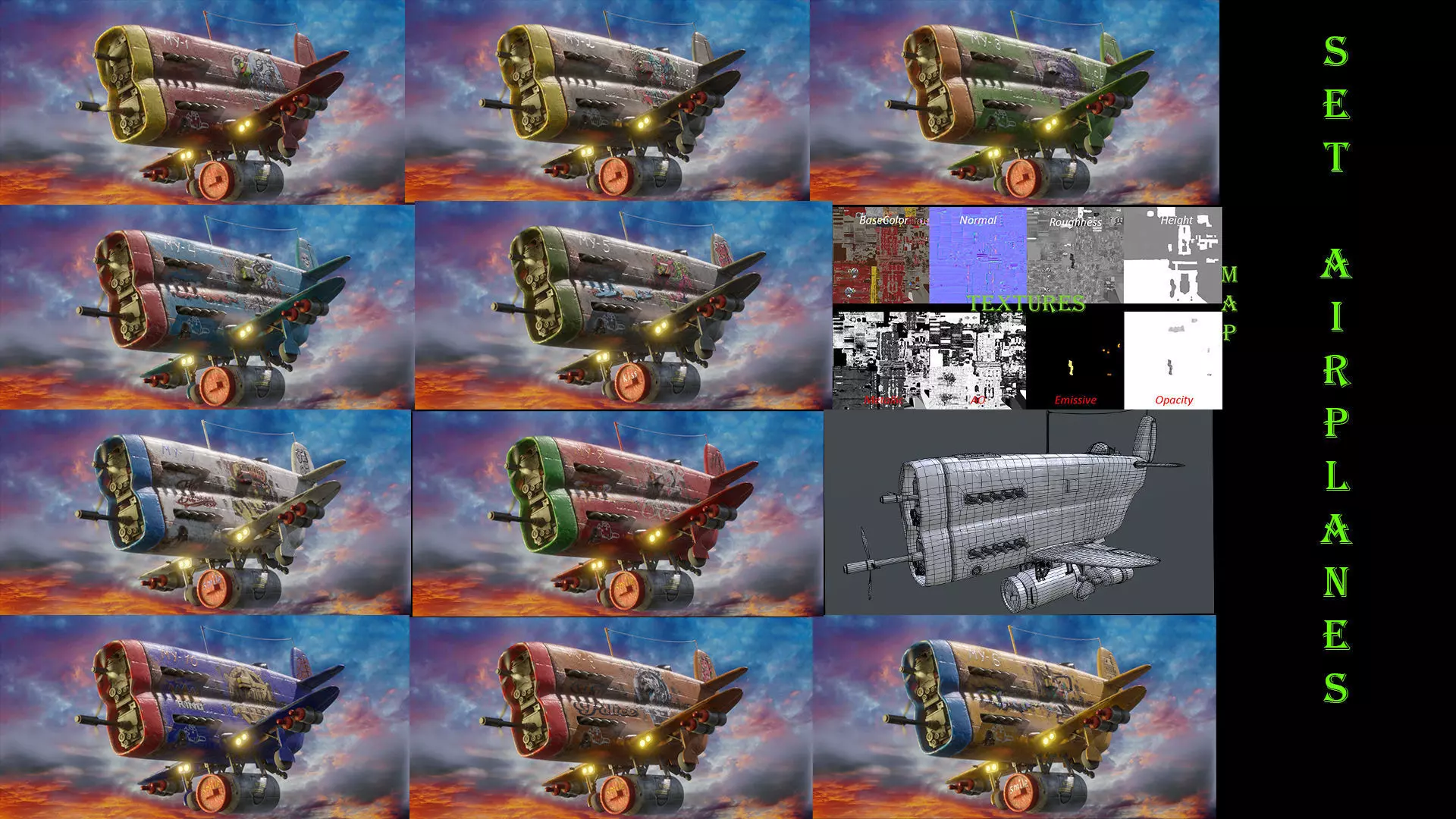 Set of stylized realistic airplanes Low-poly 3D model_0