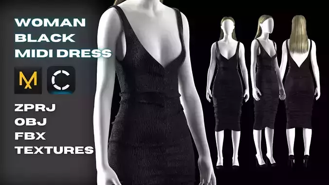 Woman Midi Black Dress Modeling in Clo3D - Mervelous Designer