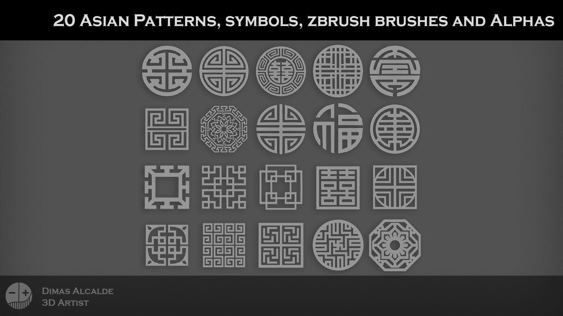 3D model 20 Asian Patterns symbols ZBRUSH IMM and Alphas Blender VR ...