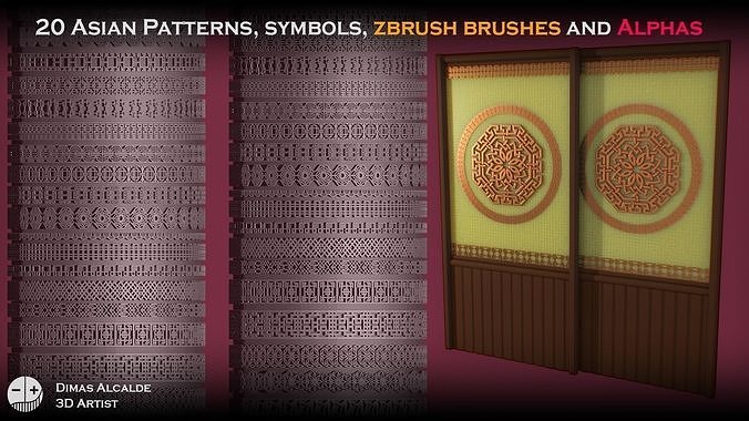 20 Asian Patterns symbols ZBRUSH IMM and Alphas Blender Low-poly 3D model