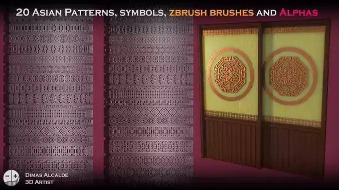 20 Asian Patterns symbols ZBRUSH IMM and Alphas Blender