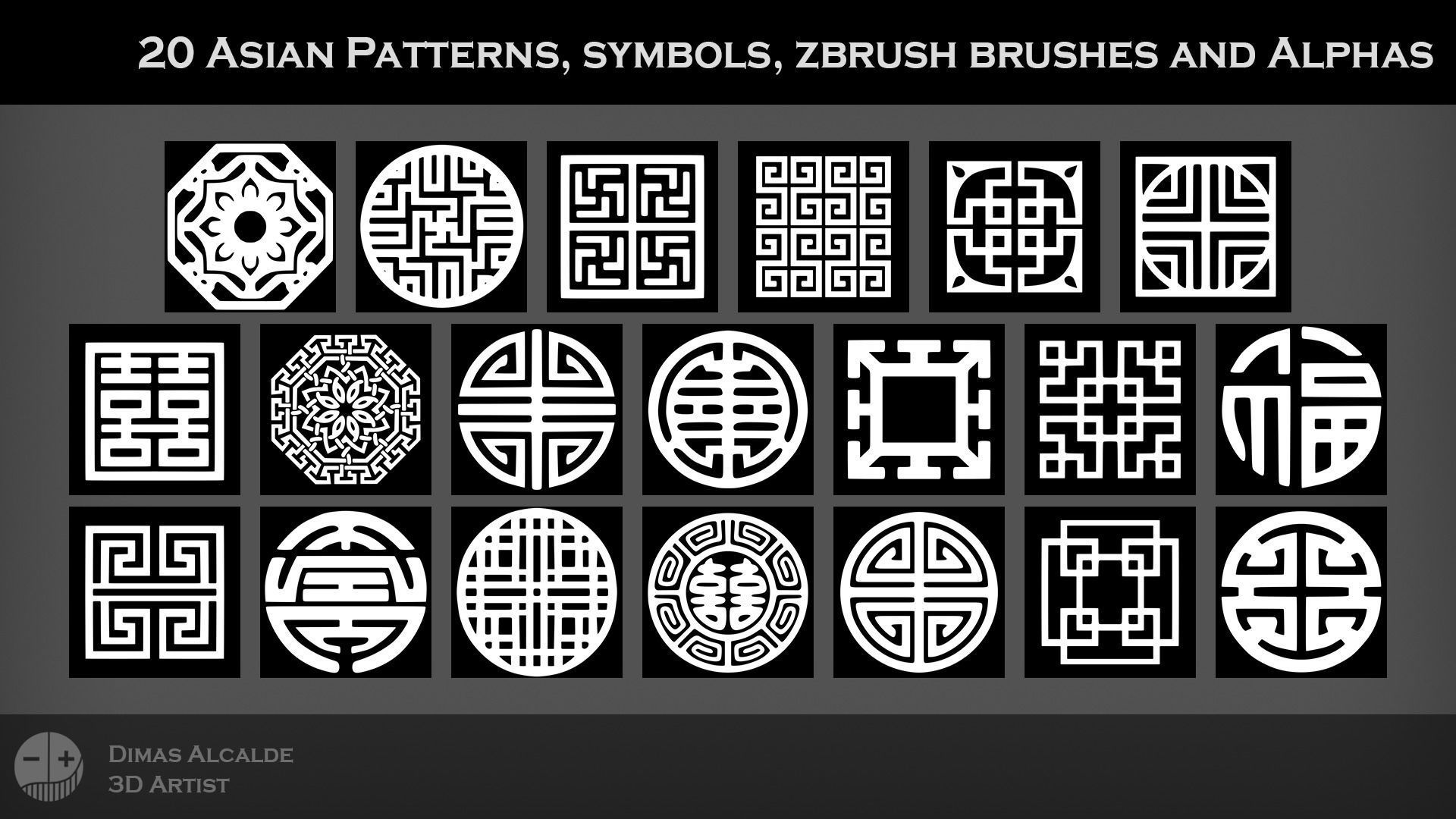 3D model 20 Asian Patterns symbols ZBRUSH IMM and Alphas Blender VR ...