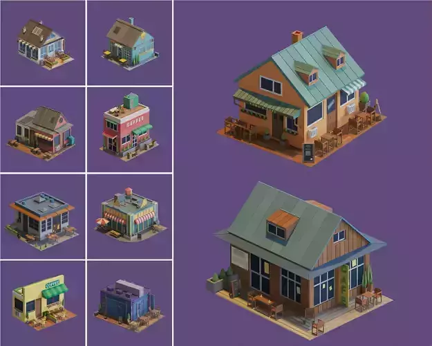 Low Poly Shops and Cafe Areas 3D model