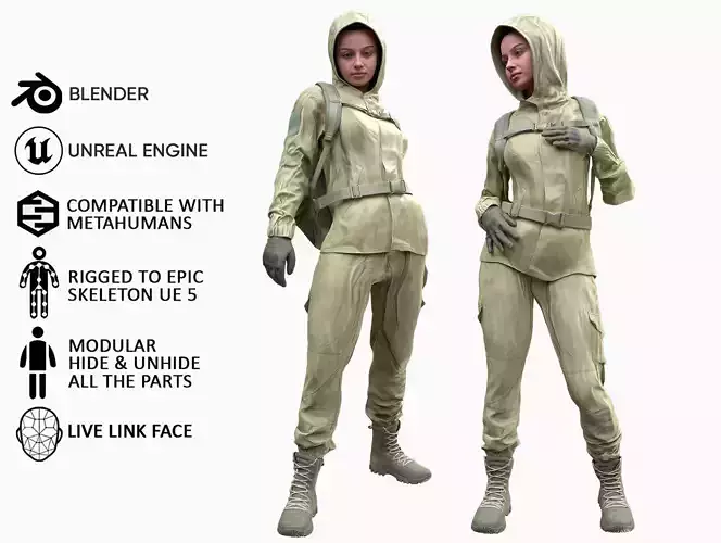 Woman - Hunting Uniform 2 - Modular - Rigged Low-poly 3D model