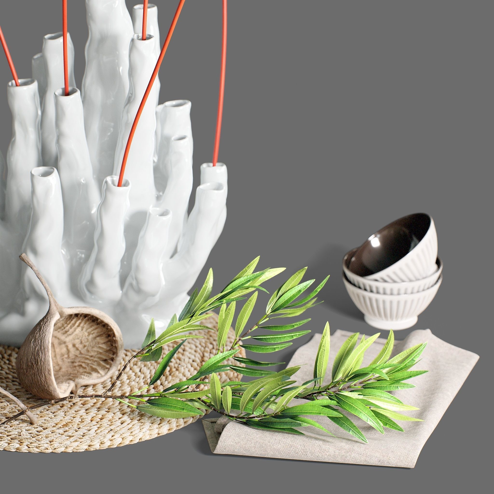 Decor Set 89 Coral vase branch plants Buddha nuts 3D model_6