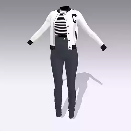 bomber jacket black white line blouse and pant denim