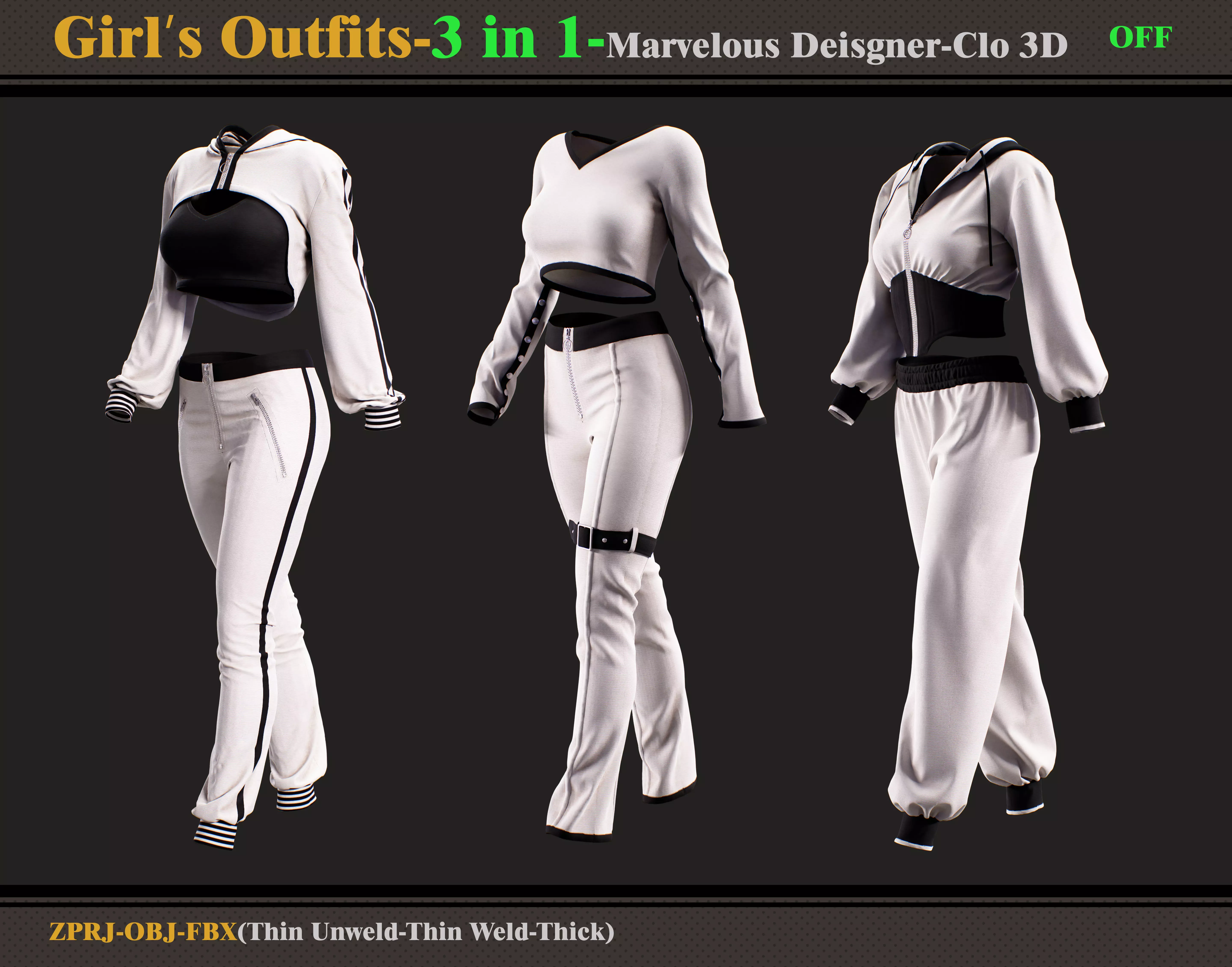 3 in 1 Girls Outfits- Marvelous Designer-Clo3d -OBJ - FBX -ZPRJ 3D model_0