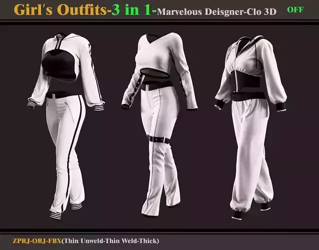 3 in 1 Girls Outfits- Marvelous Designer-Clo3d -OBJ - FBX -ZPRJ