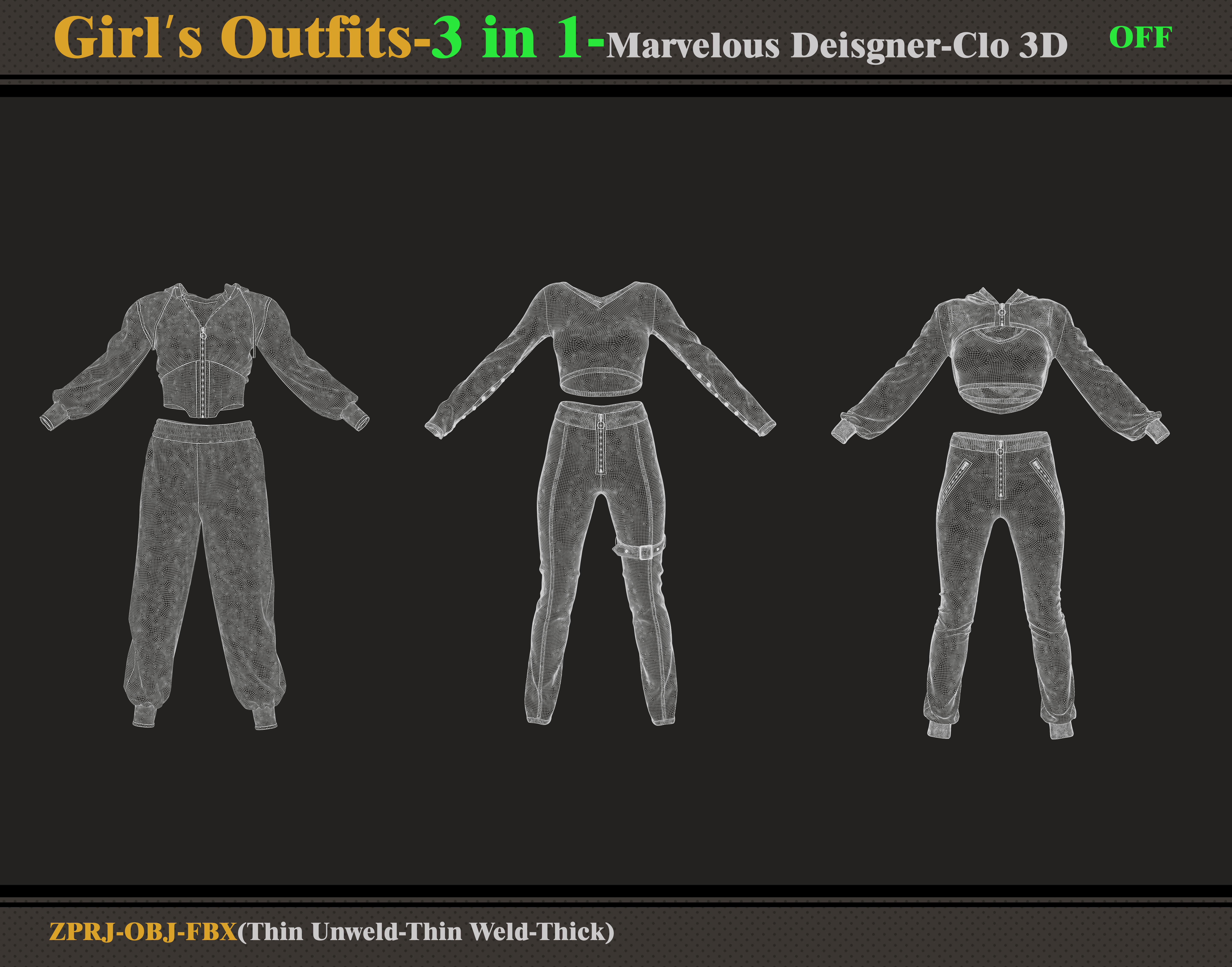 3 in 1 Girls Outfits- Marvelous Designer-Clo3d -OBJ - FBX -ZPRJ 3D model_6