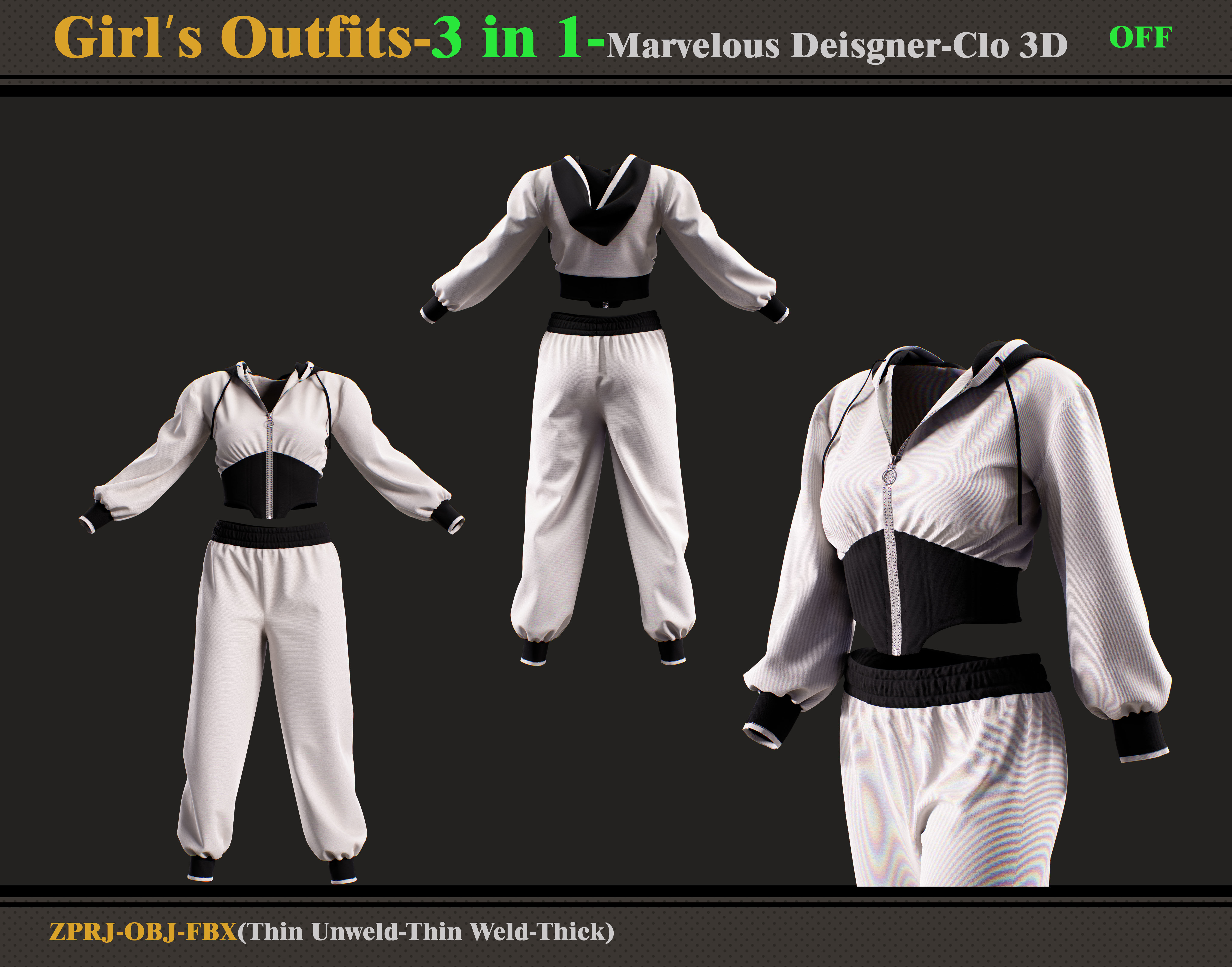 3 in 1 Girls Outfits- Marvelous Designer-Clo3d -OBJ - FBX -ZPRJ 3D model_4