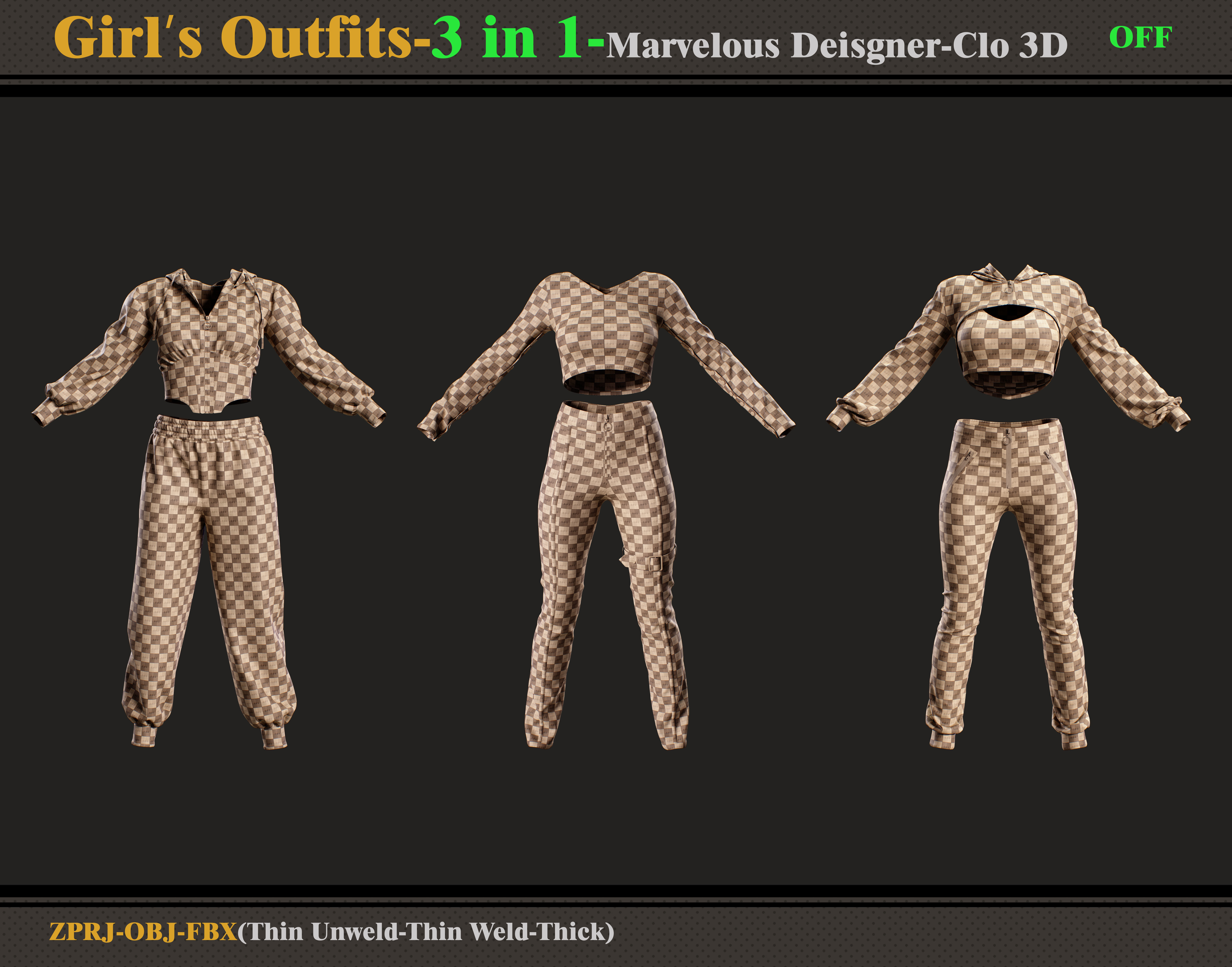 3 in 1 Girls Outfits- Marvelous Designer-Clo3d -OBJ - FBX -ZPRJ 3D model_5