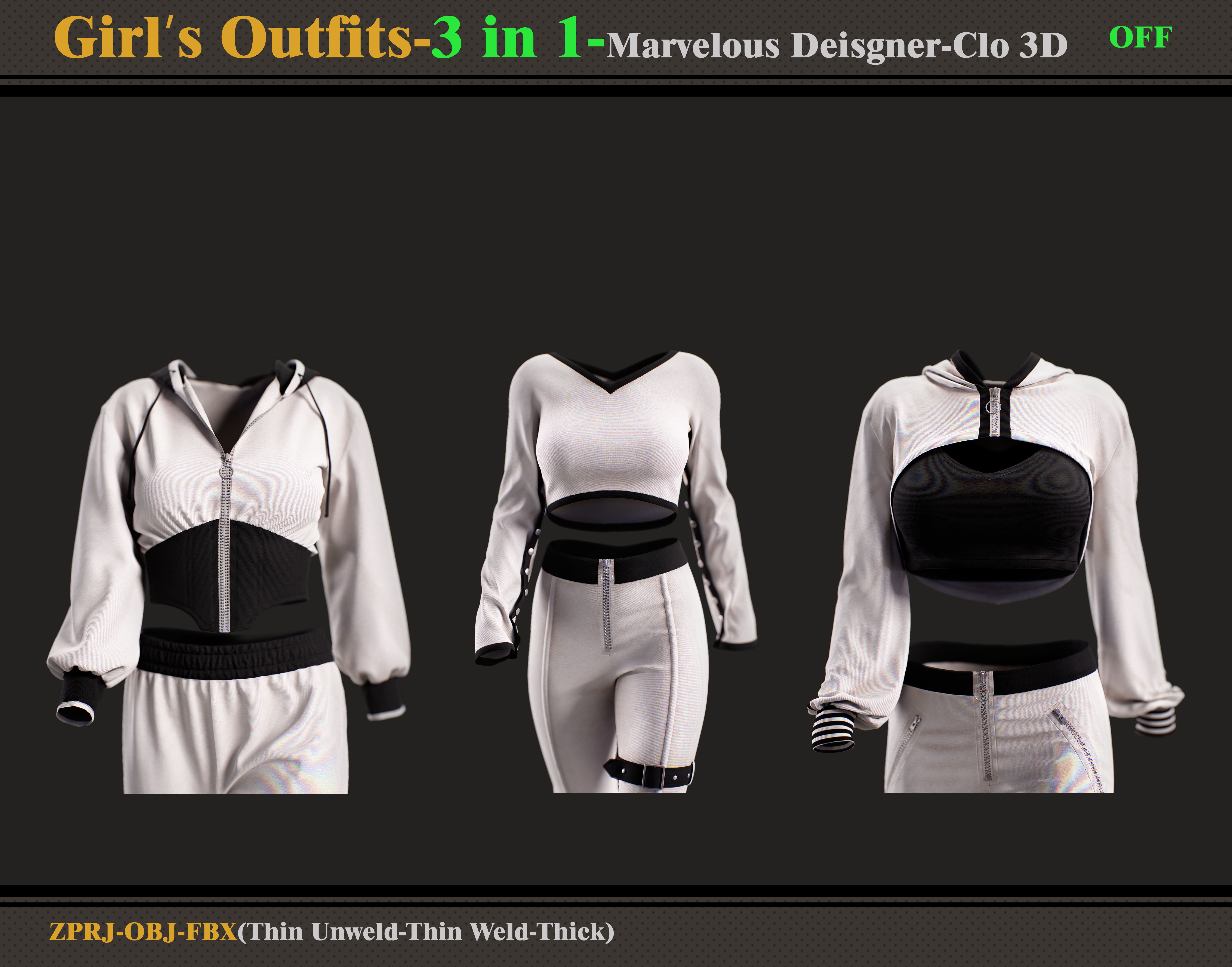 3 in 1 Girls Outfits- Marvelous Designer-Clo3d -OBJ - FBX -ZPRJ 3D model_1