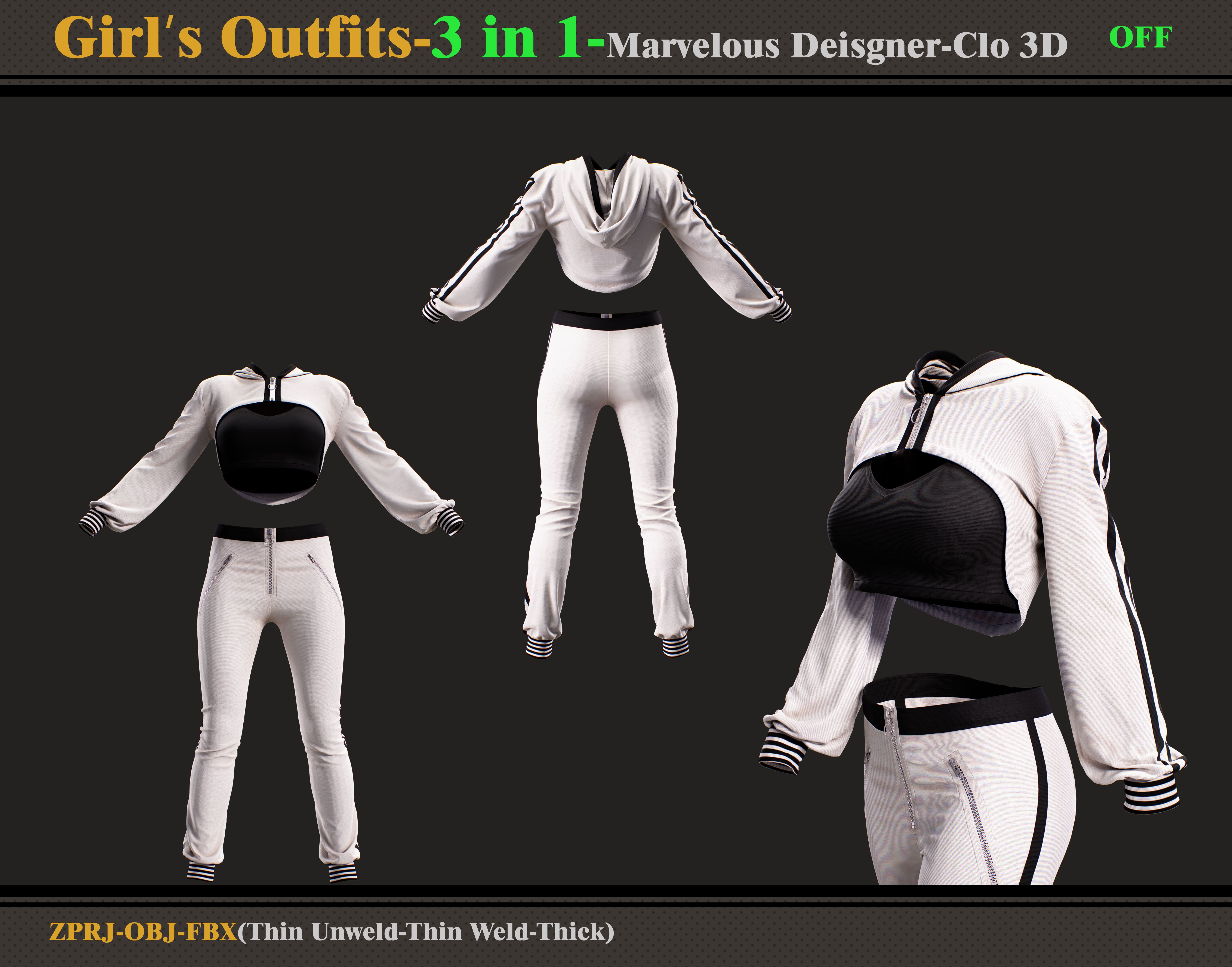 3 in 1 Girls Outfits- Marvelous Designer-Clo3d -OBJ - FBX -ZPRJ 3D model_2