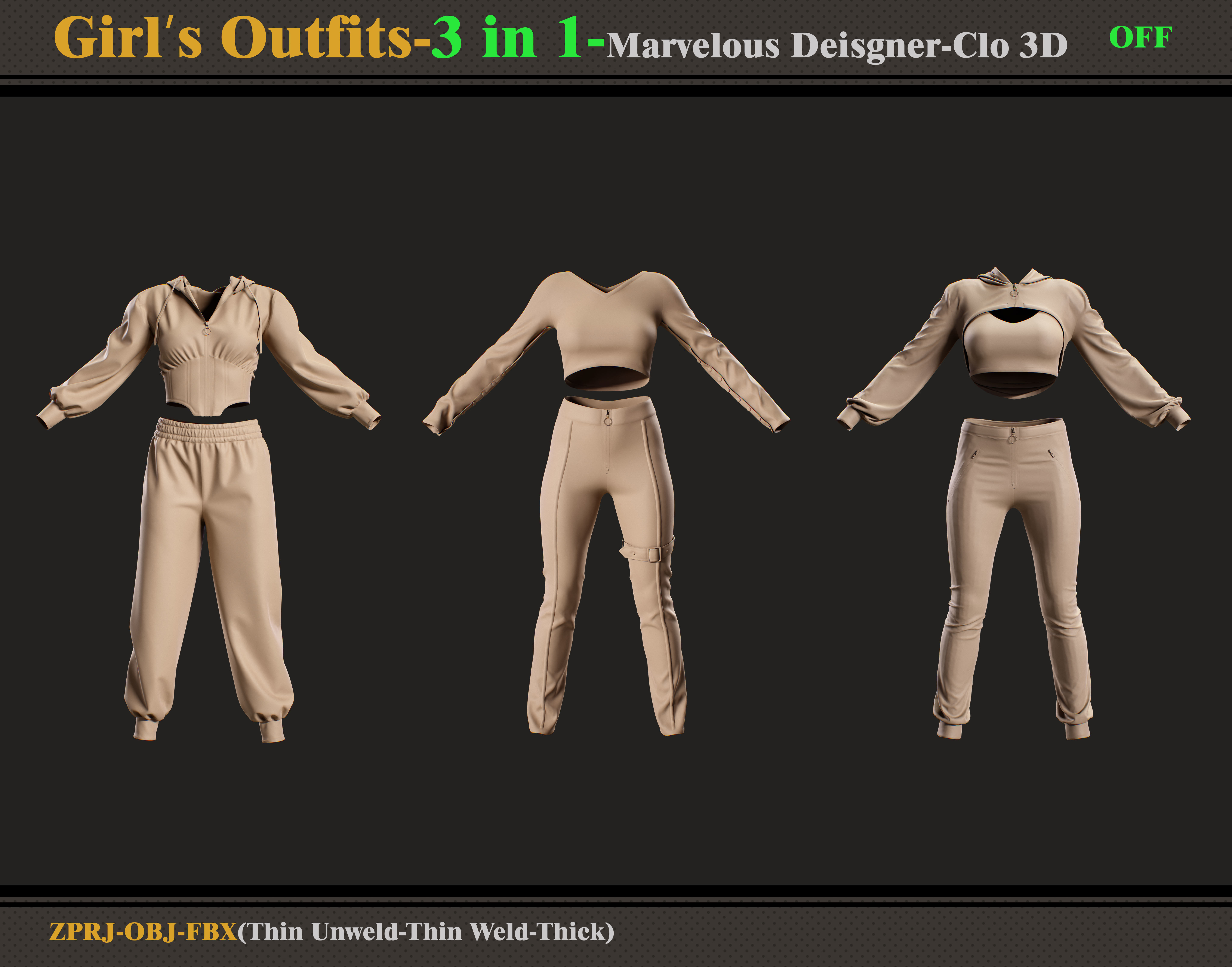 3 in 1 Girls Outfits- Marvelous Designer-Clo3d -OBJ - FBX -ZPRJ 3D model_7
