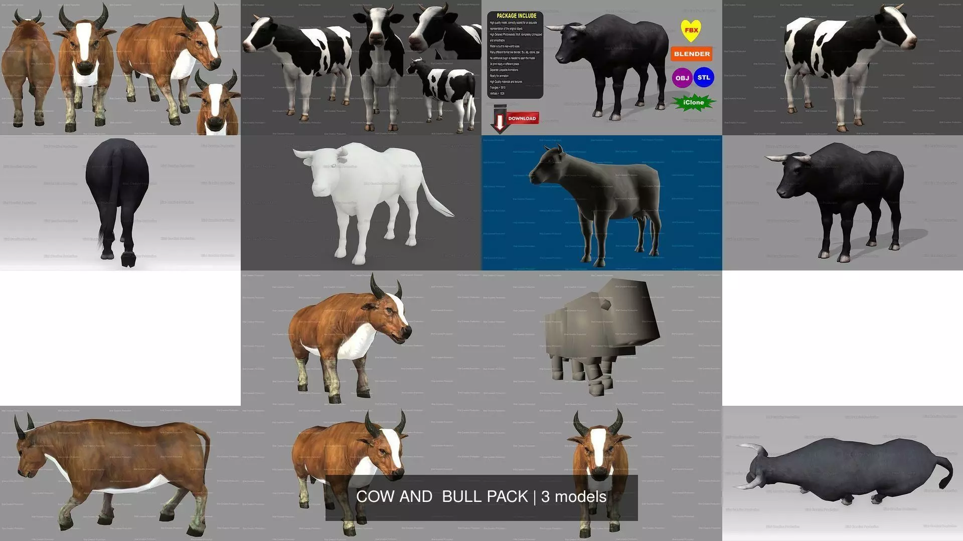 3 PACK OF COW AND  BULL PACK 3D Model Collection_0