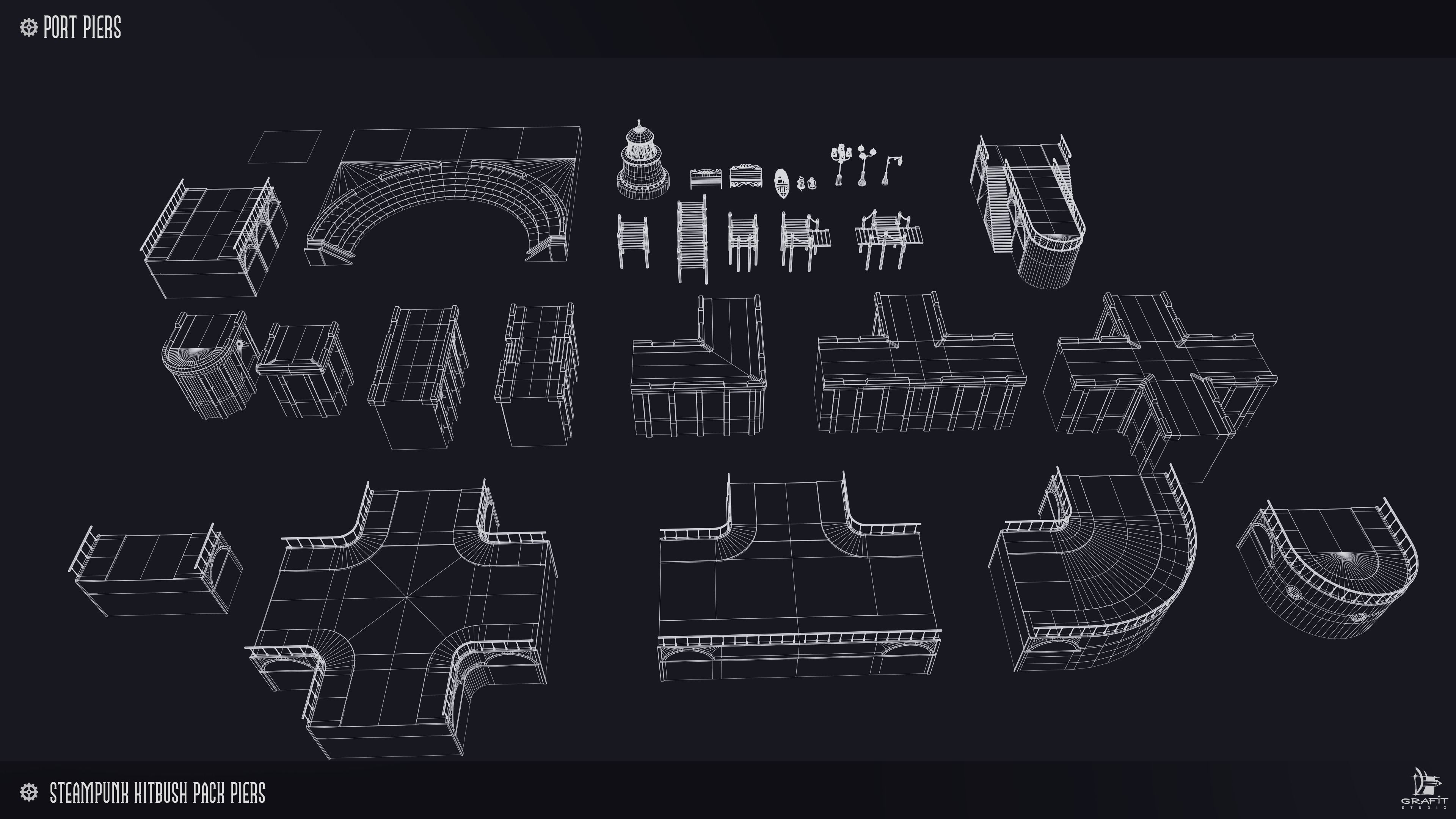 Steampunk Piers Model Pack Game Ready Kitbash Textured Low-poly 3D model_12