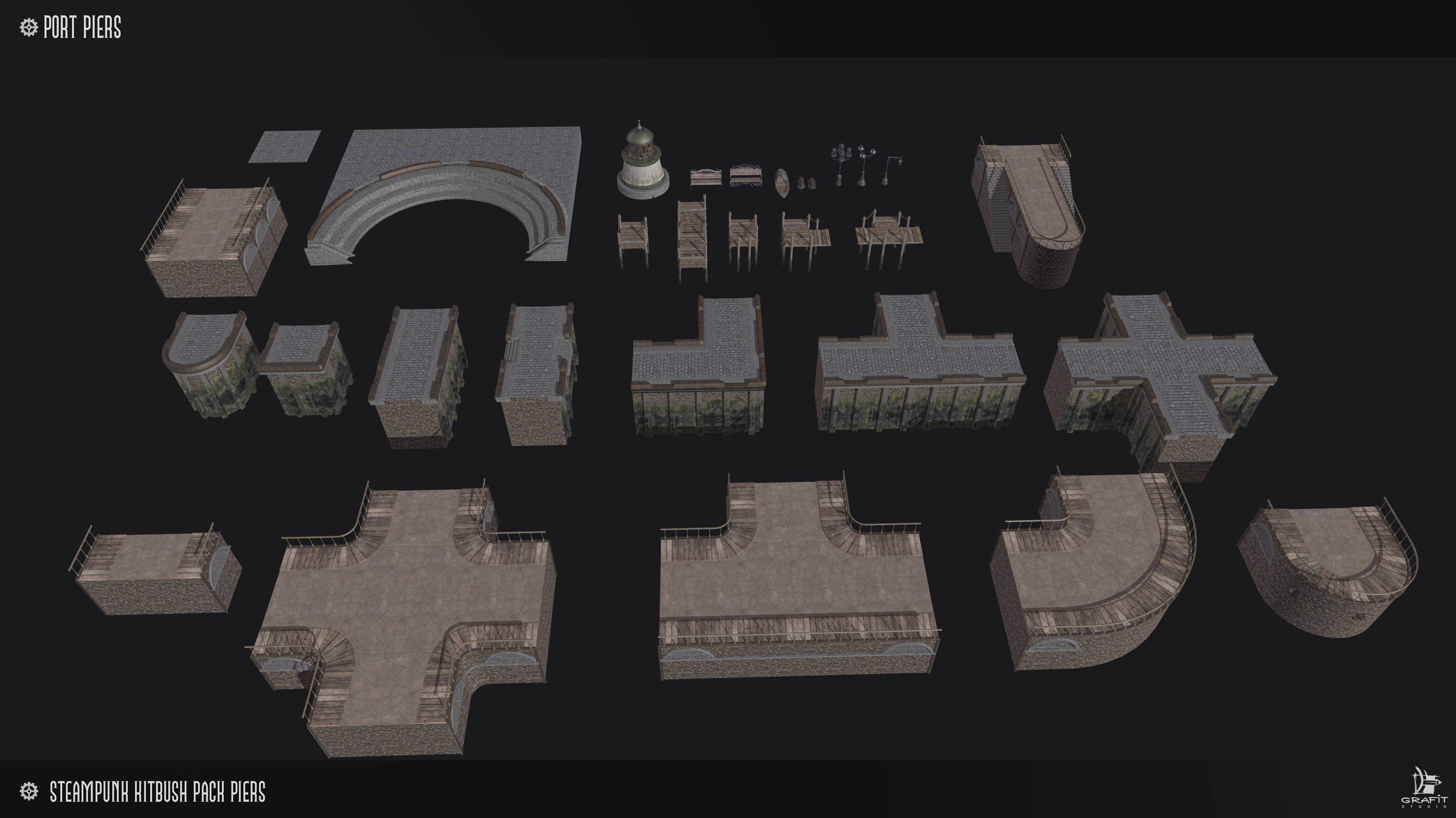 Steampunk Piers Model Pack Game Ready Kitbash Textured Low-poly 3D model_11