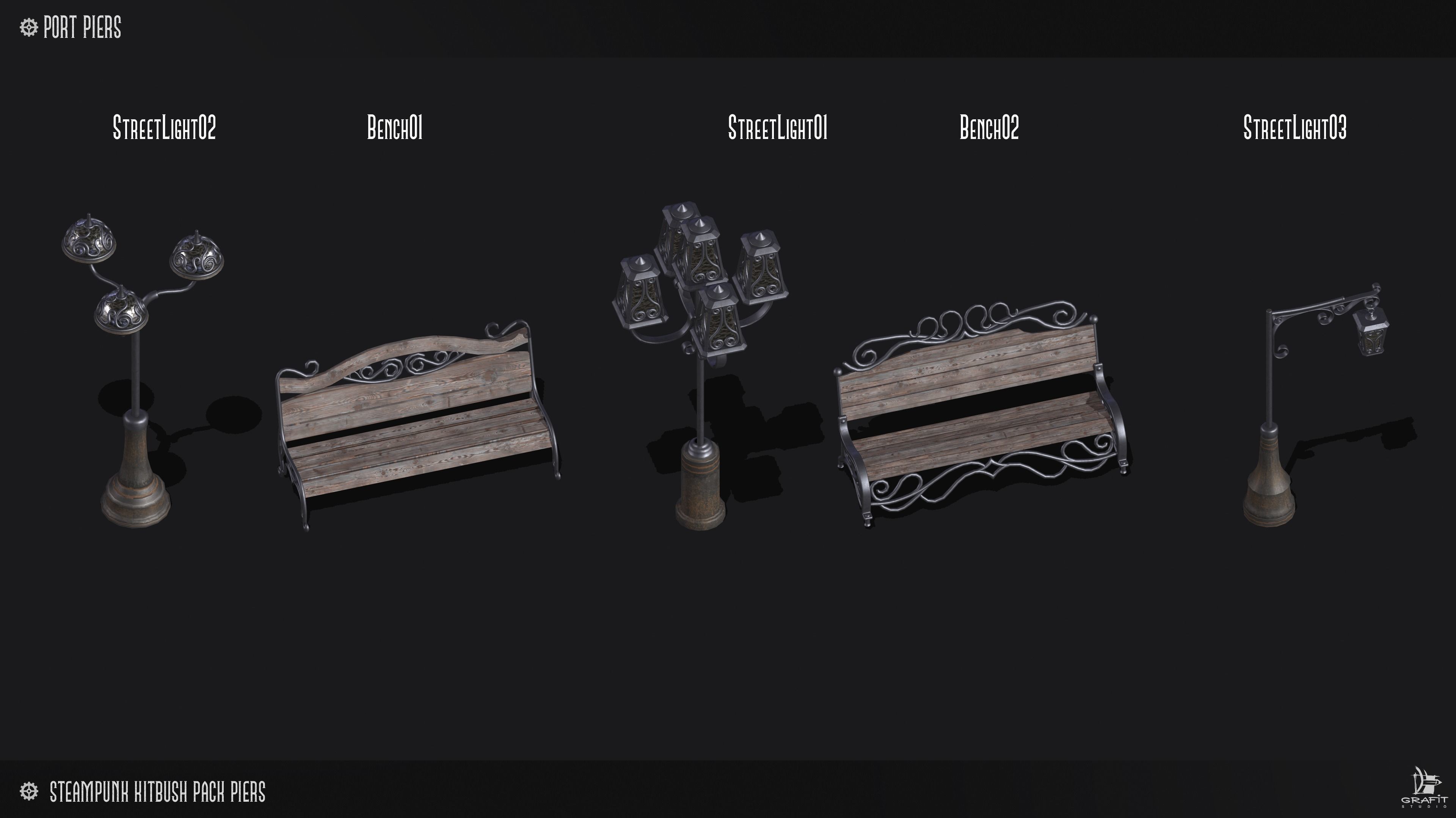 Steampunk Piers Model Pack Game Ready Kitbash Textured Low-poly 3D model_7