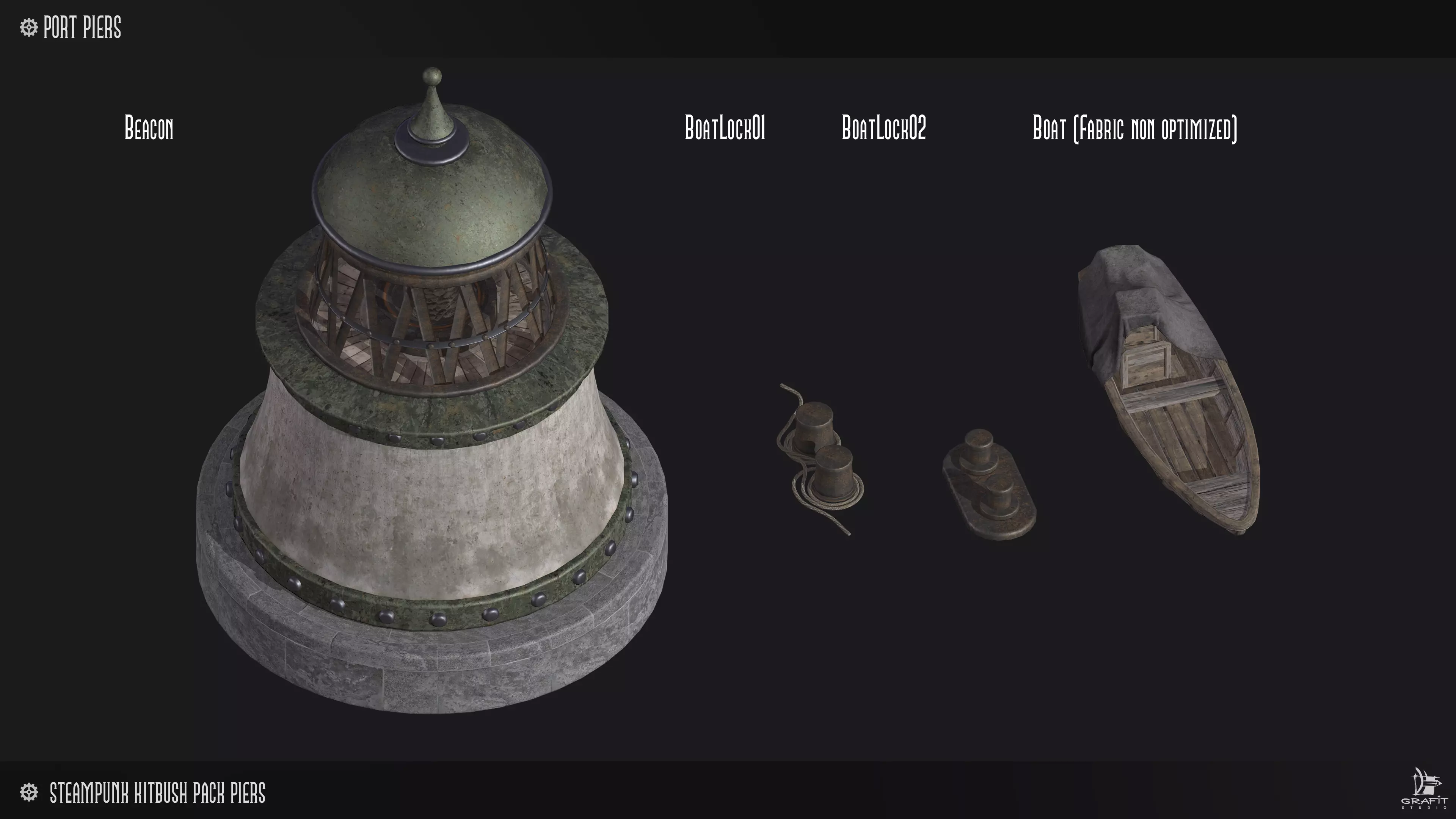 Steampunk Piers Model Pack Game Ready Kitbash Textured Low-poly 3D model_0