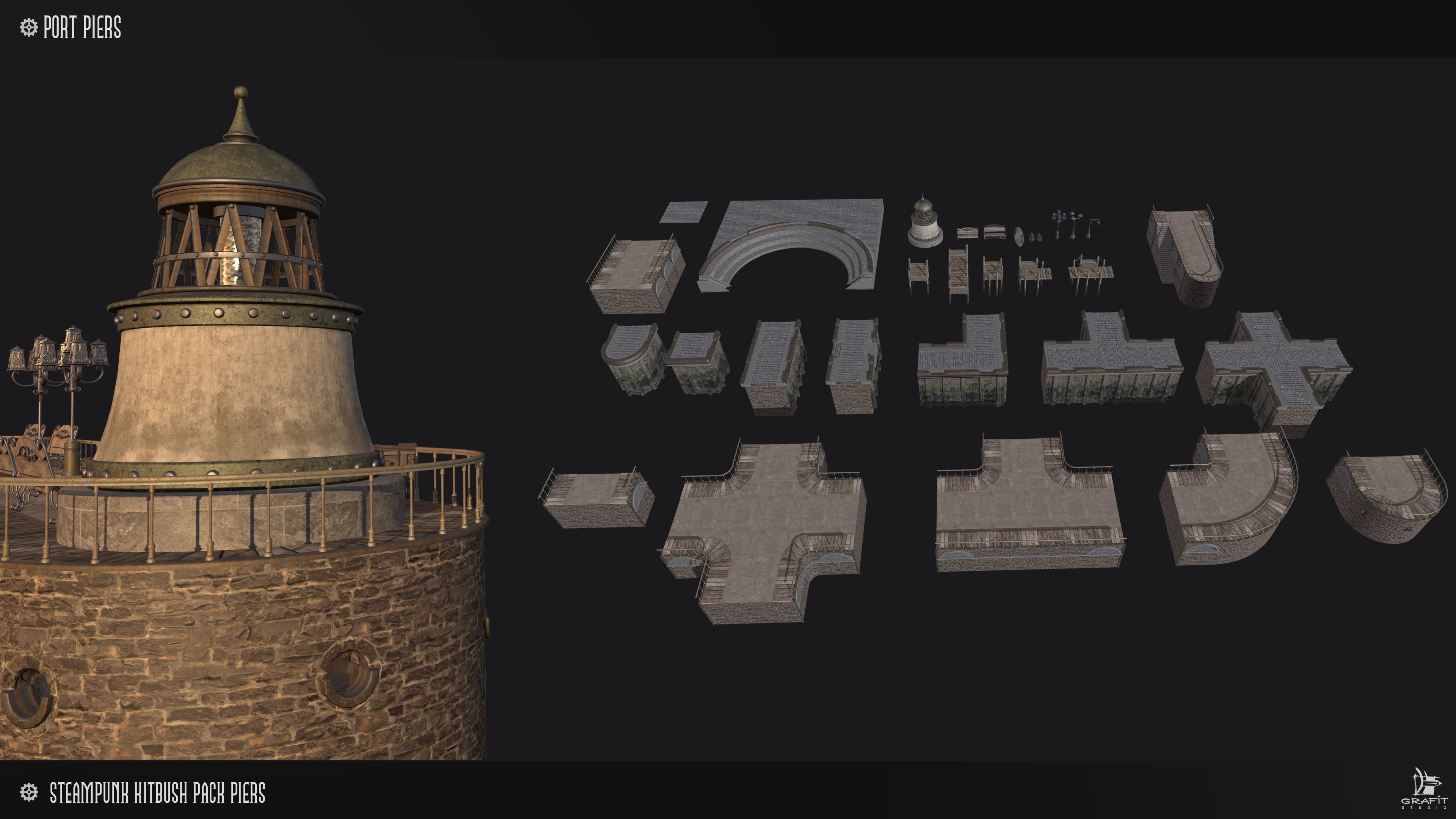 Steampunk Piers Model Pack Game Ready Kitbash Textured Low-poly 3D model_9