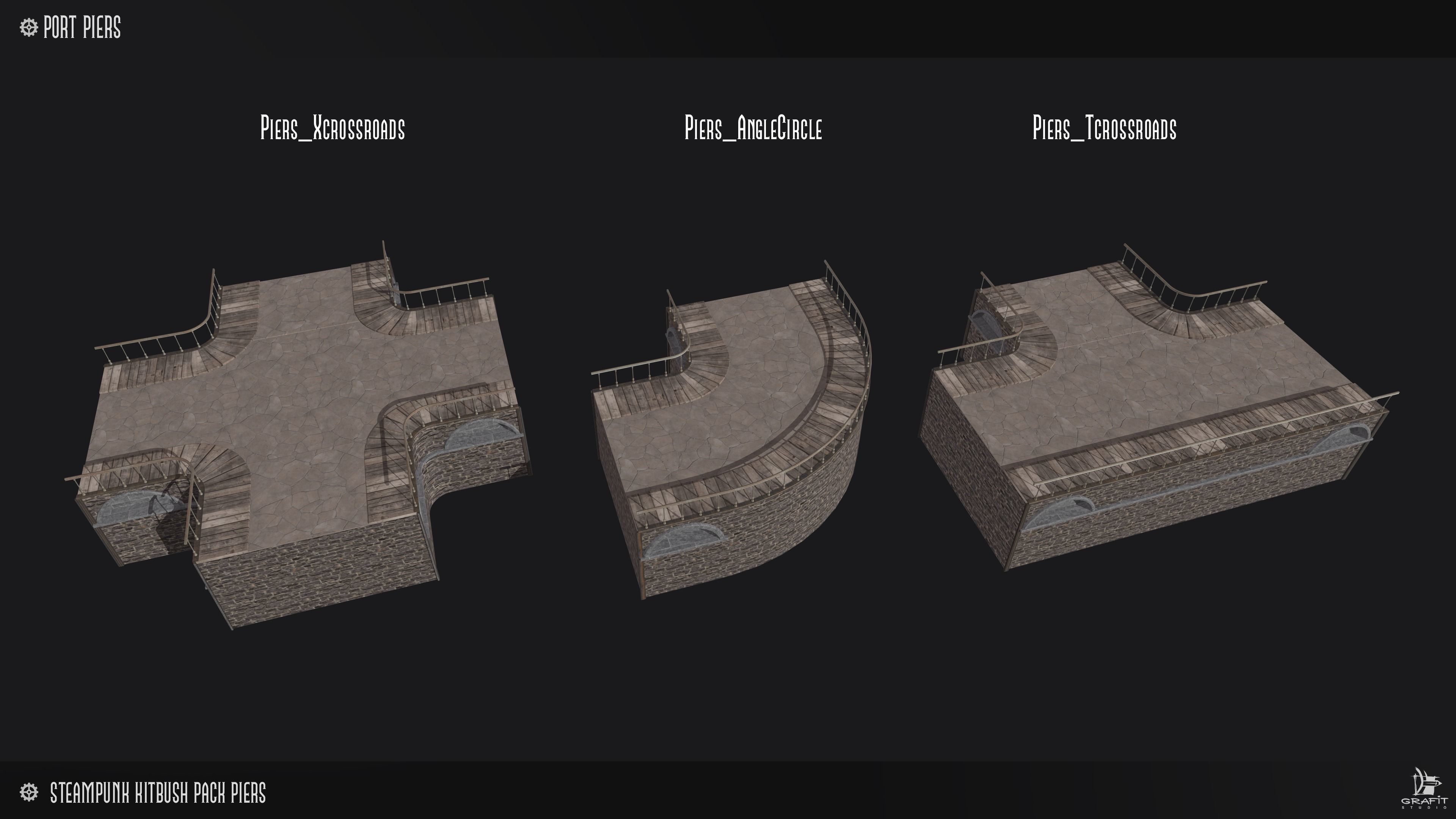 Steampunk Piers Model Pack Game Ready Kitbash Textured Low-poly 3D model_1