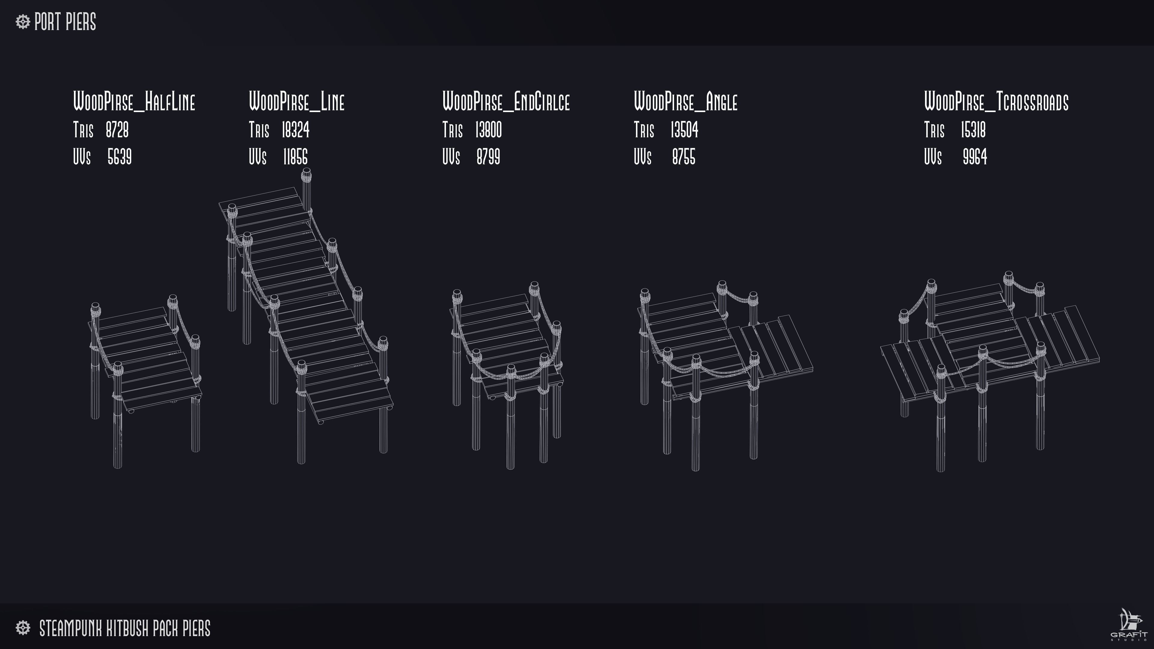 Steampunk Piers Model Pack Game Ready Kitbash Textured Low-poly 3D model_6