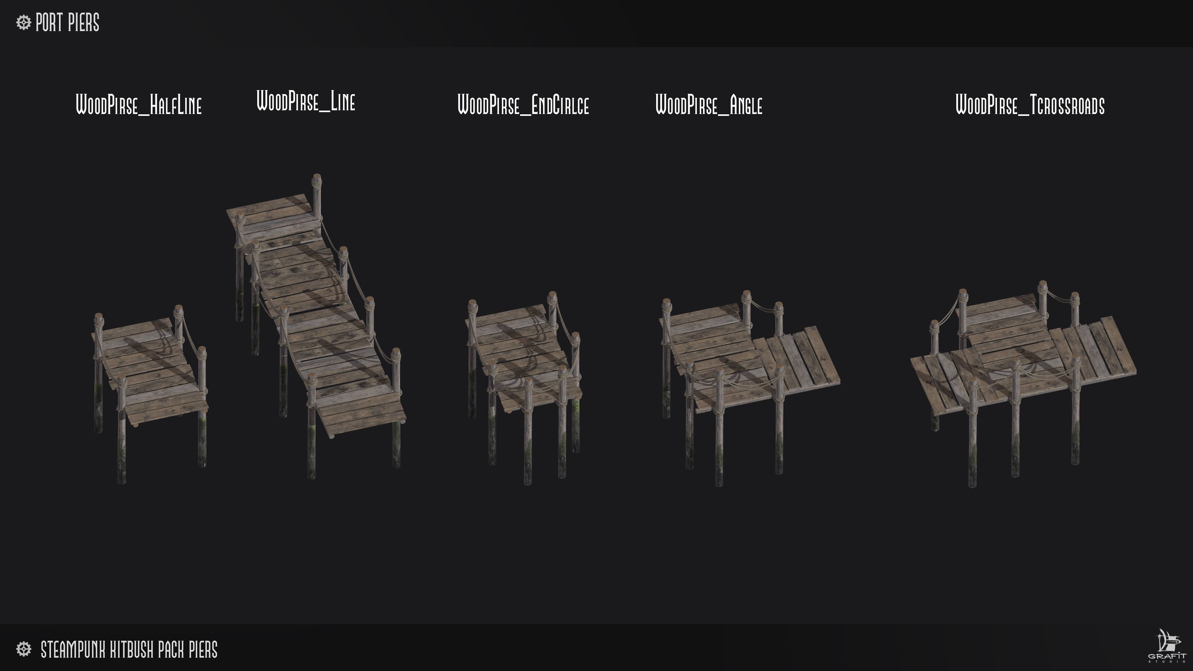 Steampunk Piers Model Pack Game Ready Kitbash Textured Low-poly 3D model_5