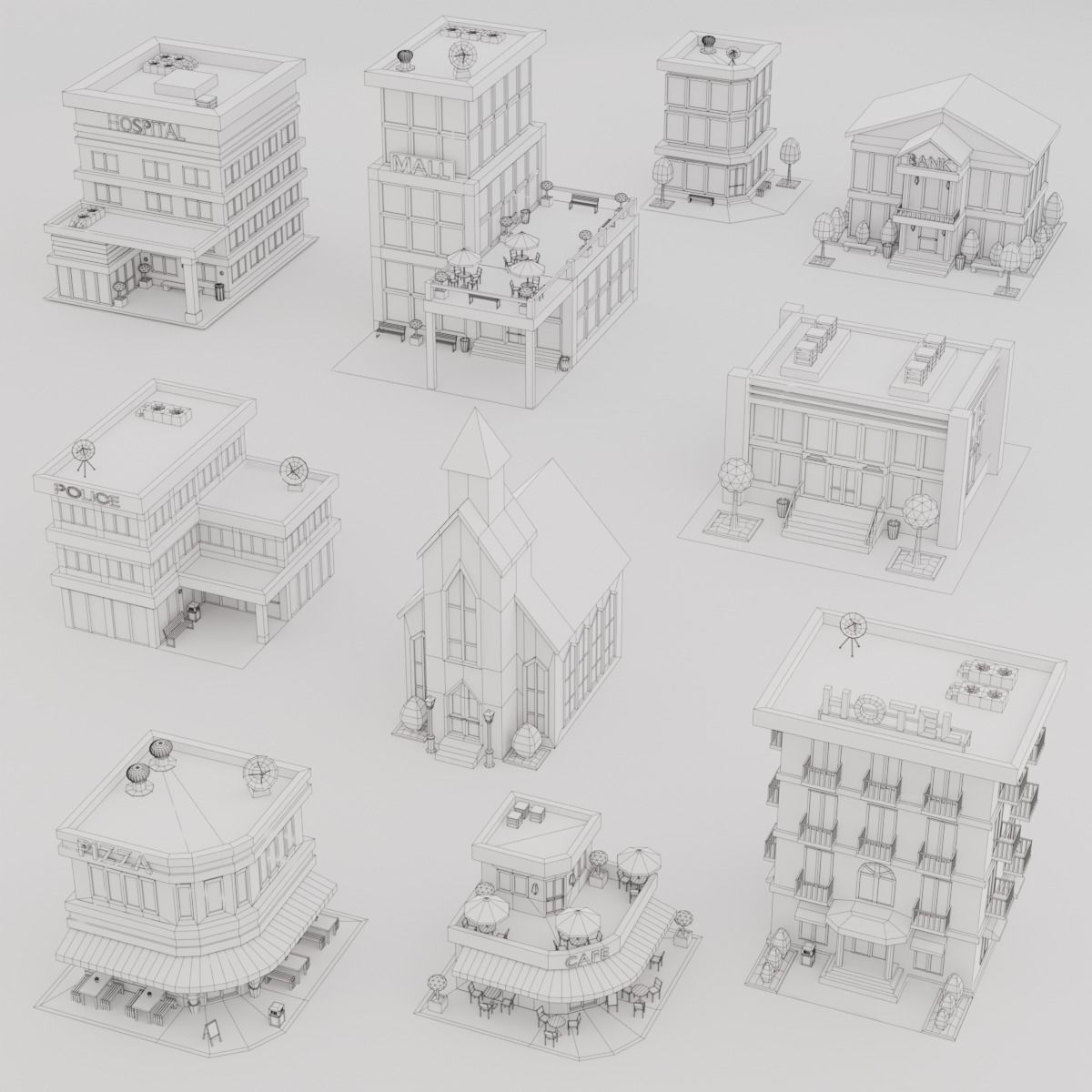10 Low Poly Buildings Set Low-poly 3D model_2