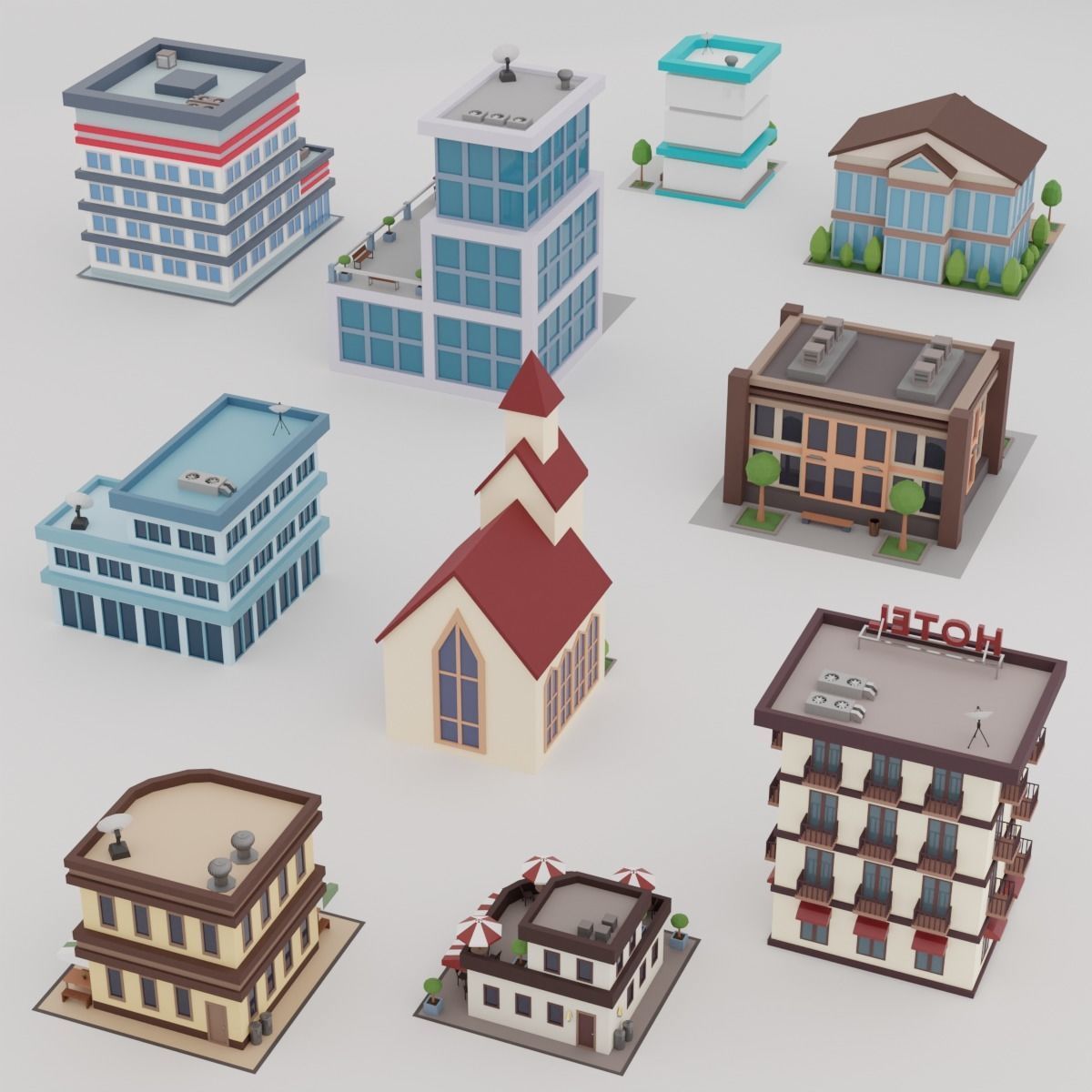 10 Low Poly Buildings Set Low-poly 3D model_1