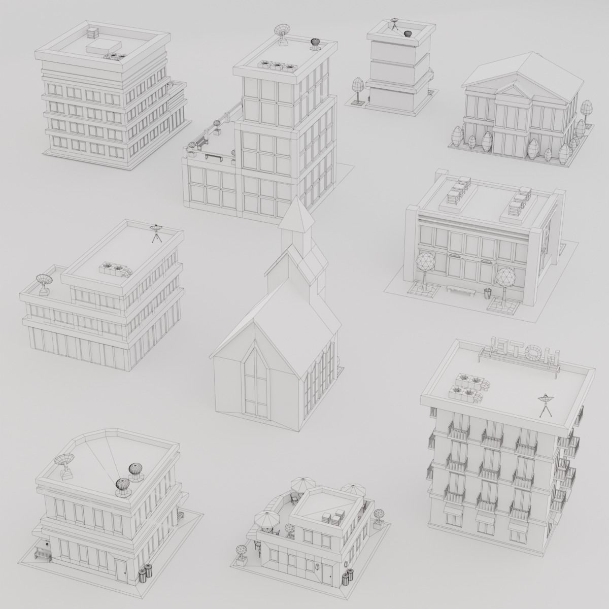 10 Low Poly Buildings Set Low-poly 3D model_3