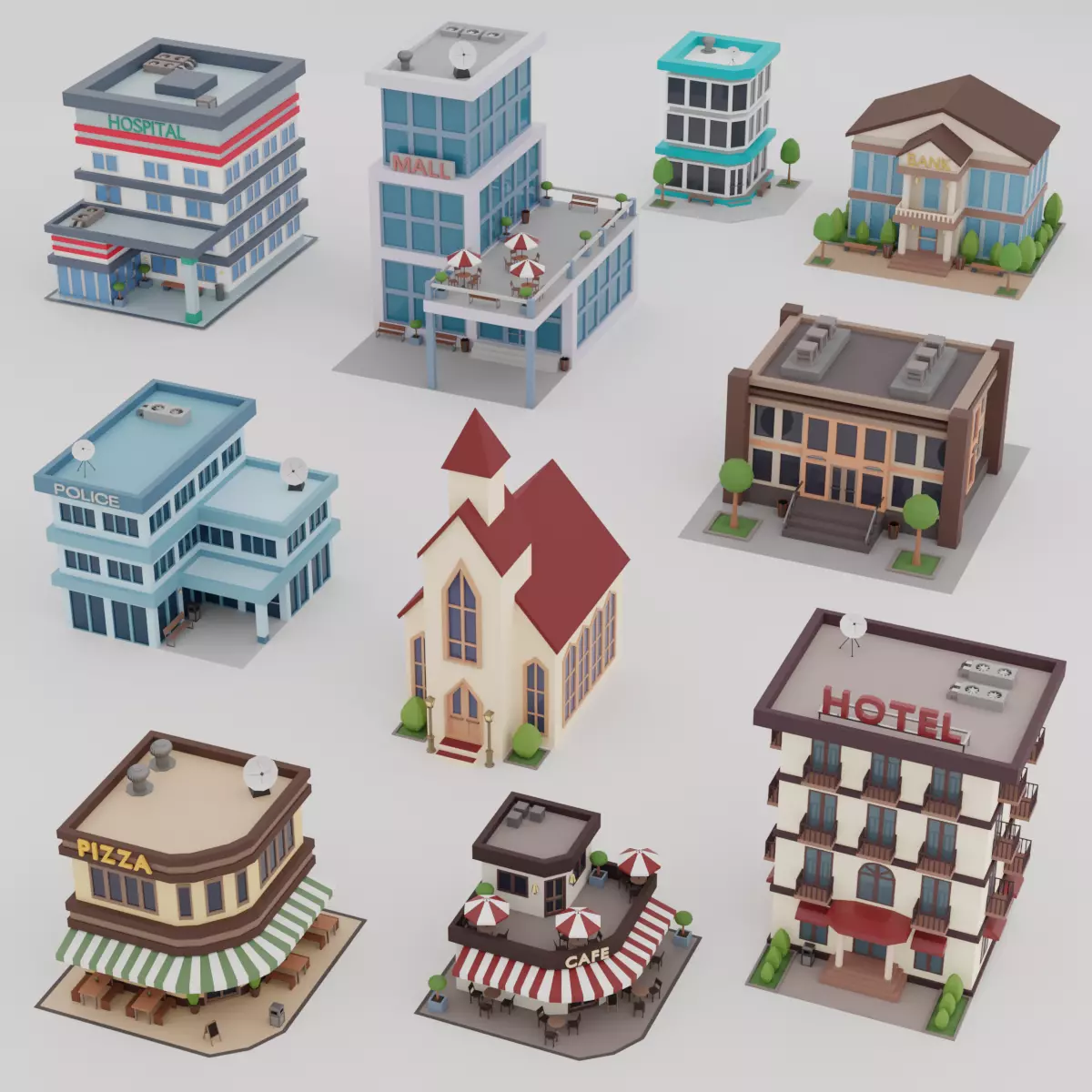 10 Low Poly Buildings Set Low-poly 3D model_0