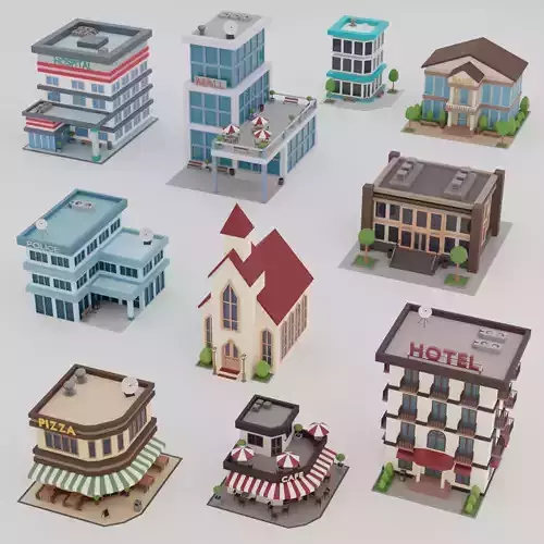 10 Low Poly Buildings Set Low-poly 3D model