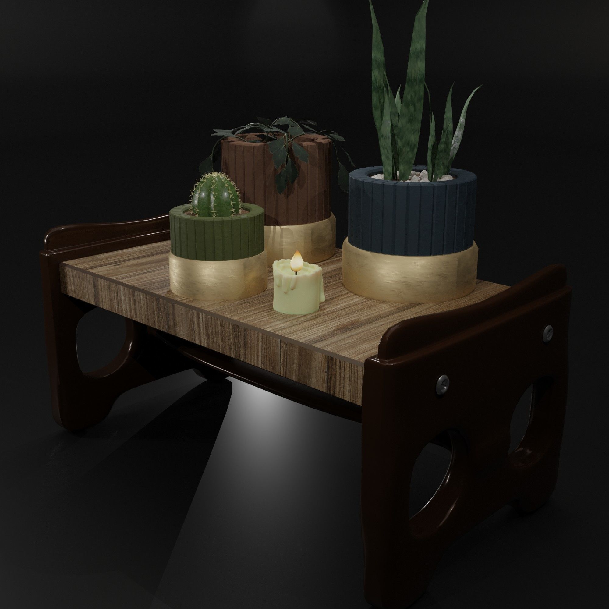 The table on which there are flowers in pots and a candle 3D model_10