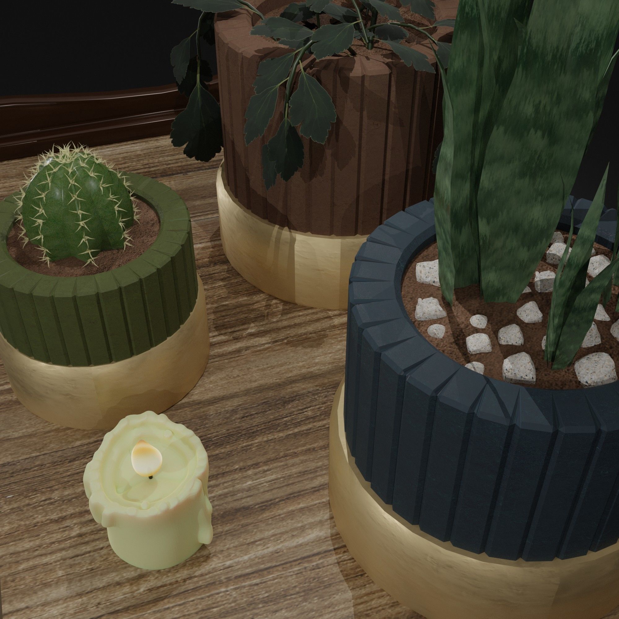 The table on which there are flowers in pots and a candle 3D model_2