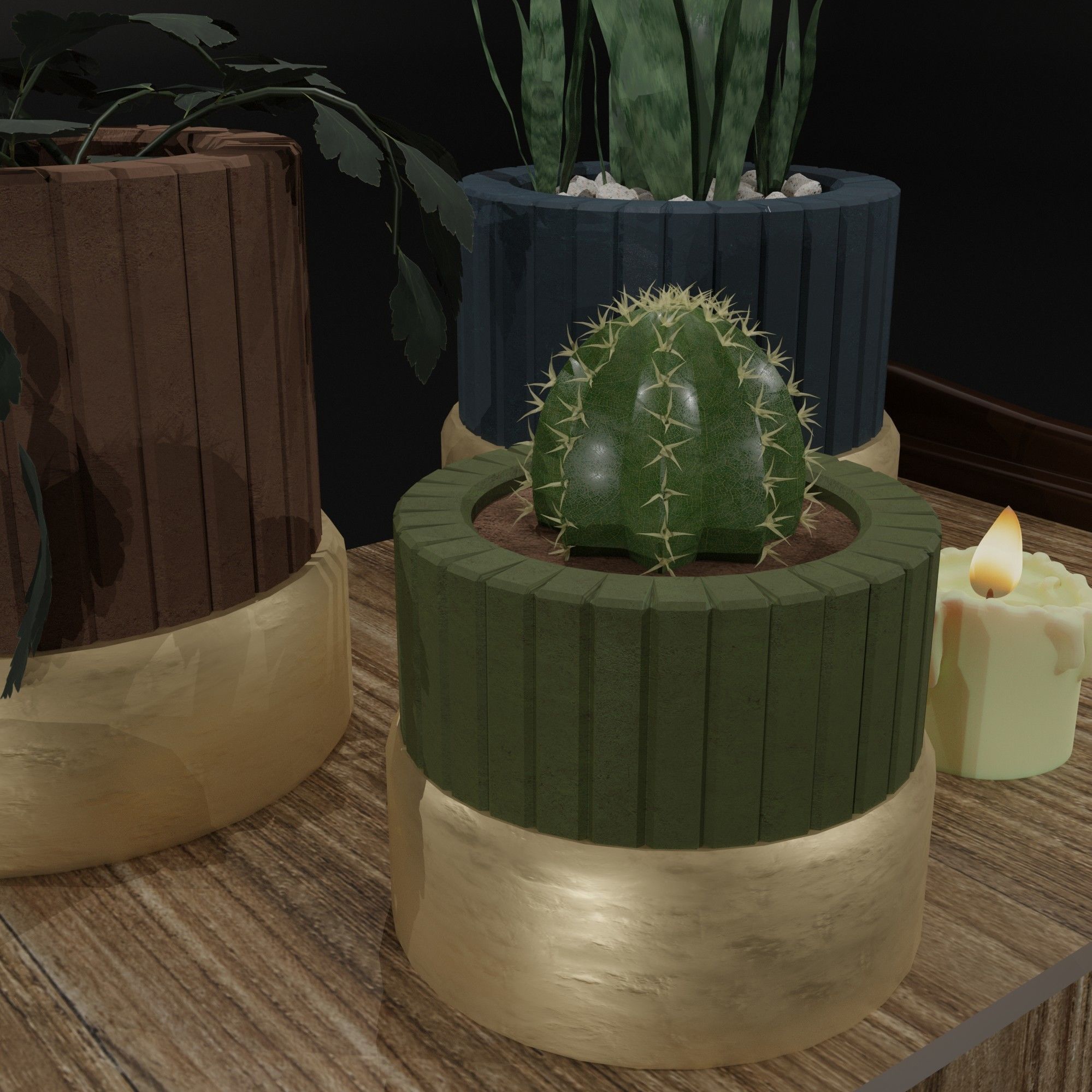 The table on which there are flowers in pots and a candle 3D model_3
