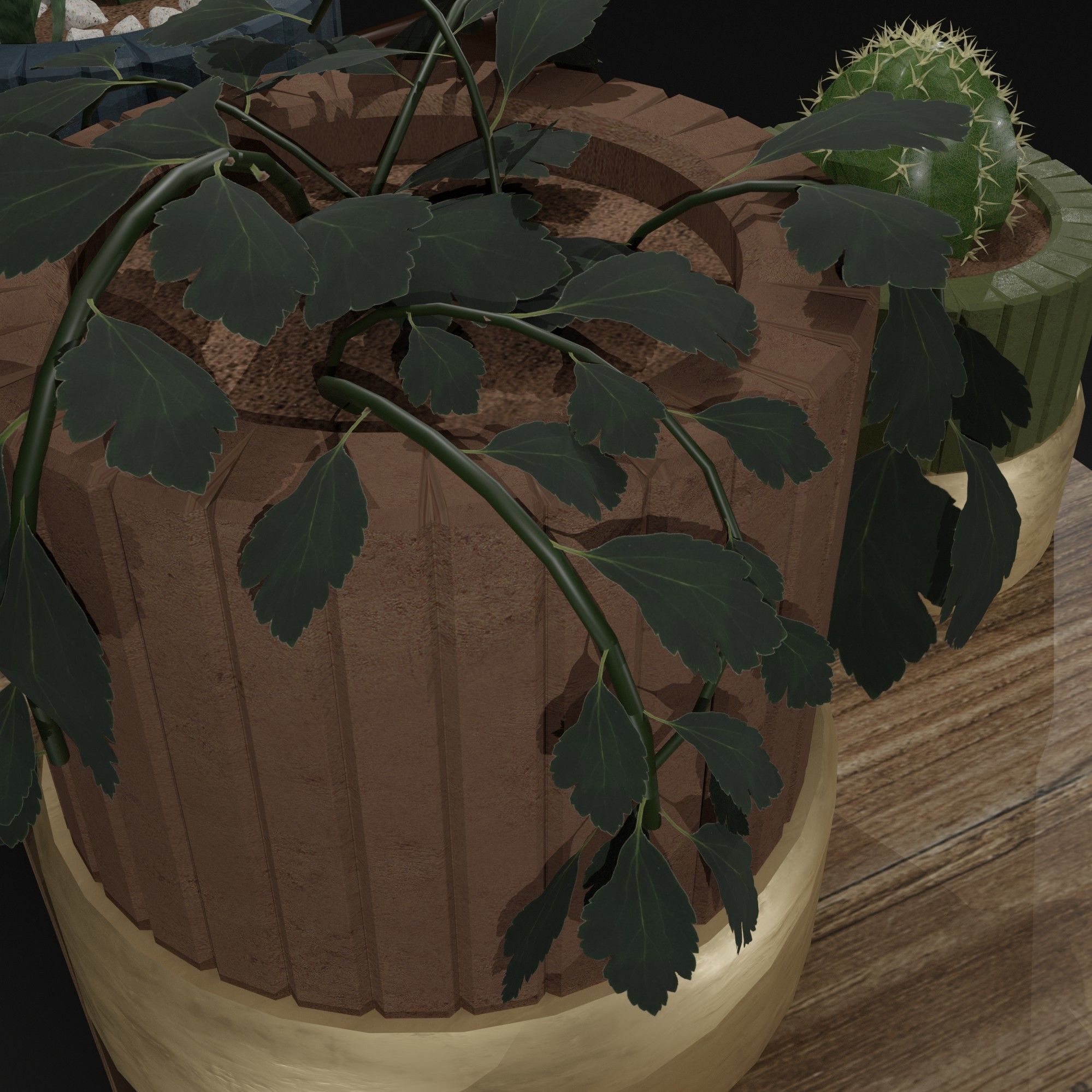 The table on which there are flowers in pots and a candle 3D model_12