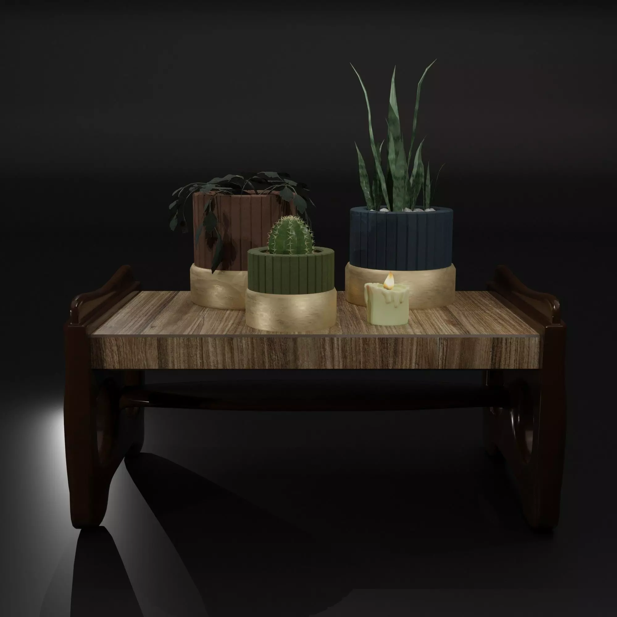 The table on which there are flowers in pots and a candle 3D model_0